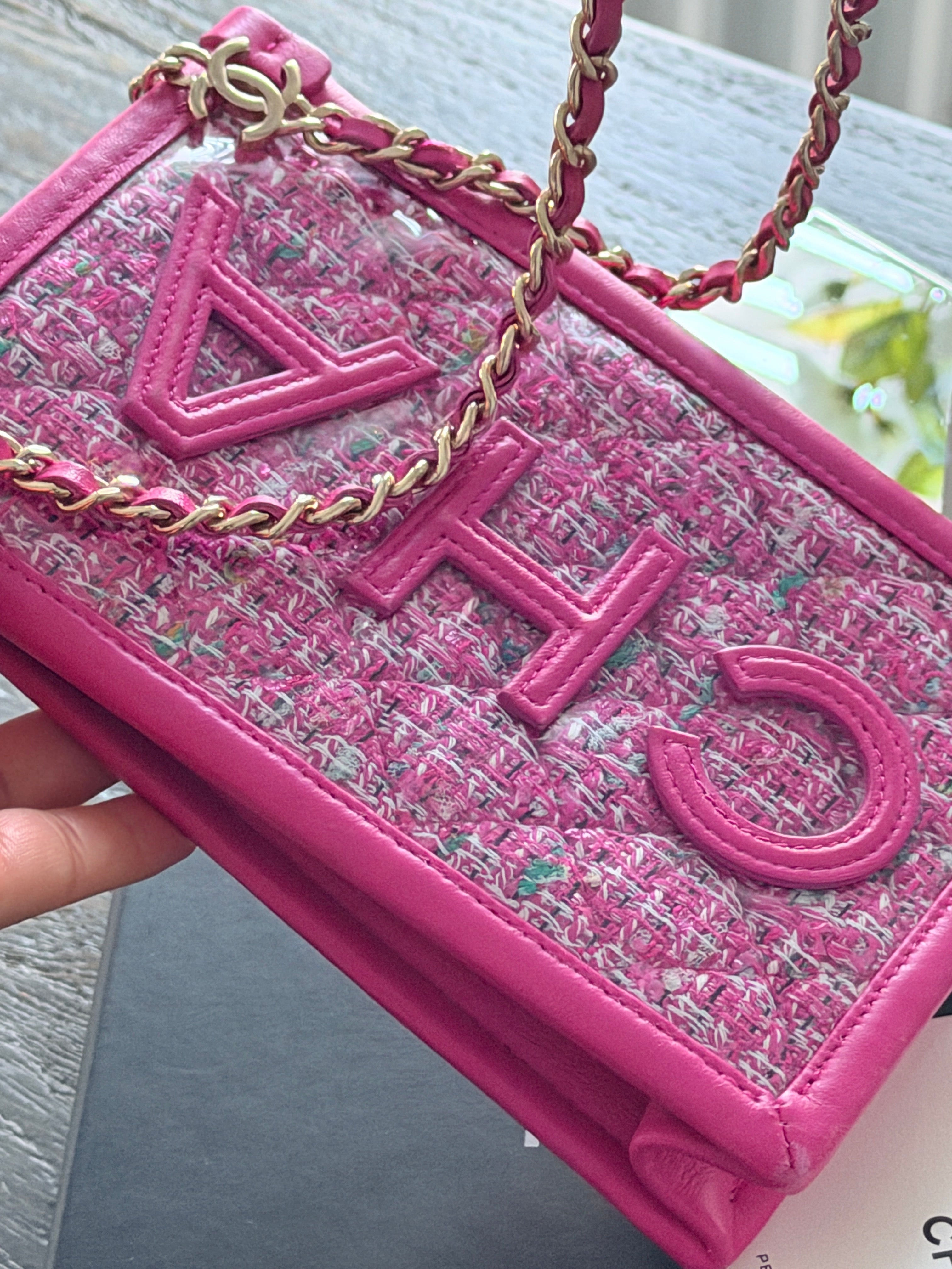 Chanel Mini Vertical Crossbody Bag Pink Tweed & Leather Gold Hardware