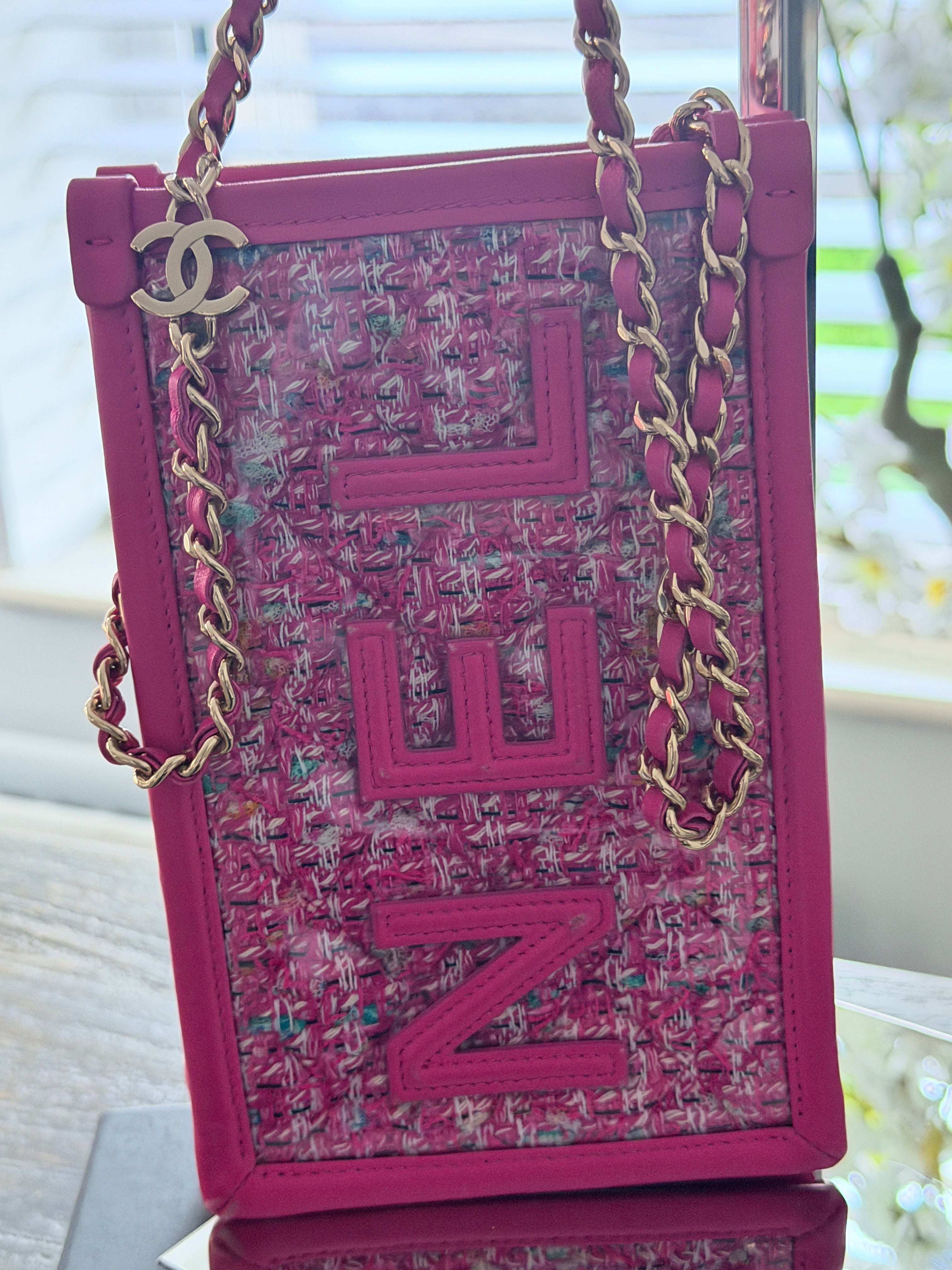 Chanel Mini Vertical Crossbody Bag Pink Tweed & Leather Gold Hardware