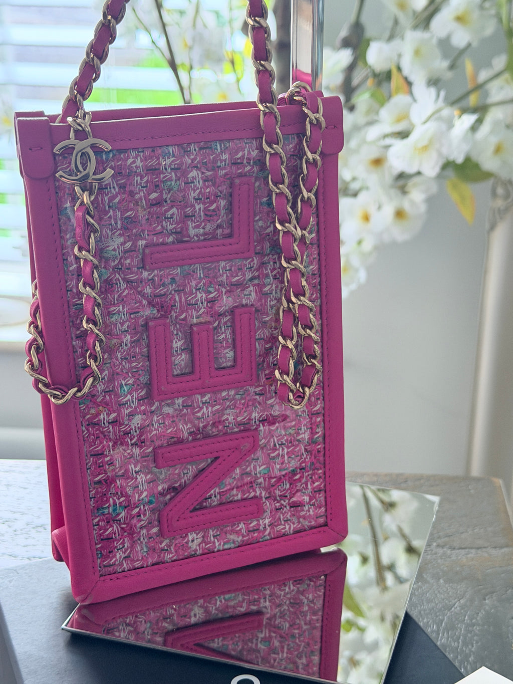Chanel Mini Vertical Crossbody Bag Pink Tweed & Leather Gold Hardware