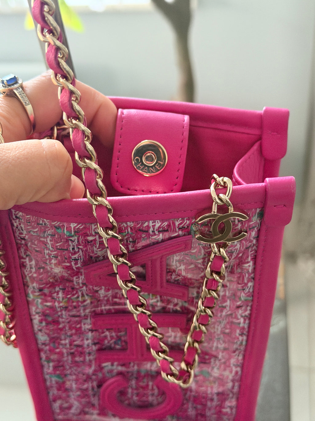 Chanel Mini Vertical Crossbody Bag Pink Tweed & Leather Gold Hardware