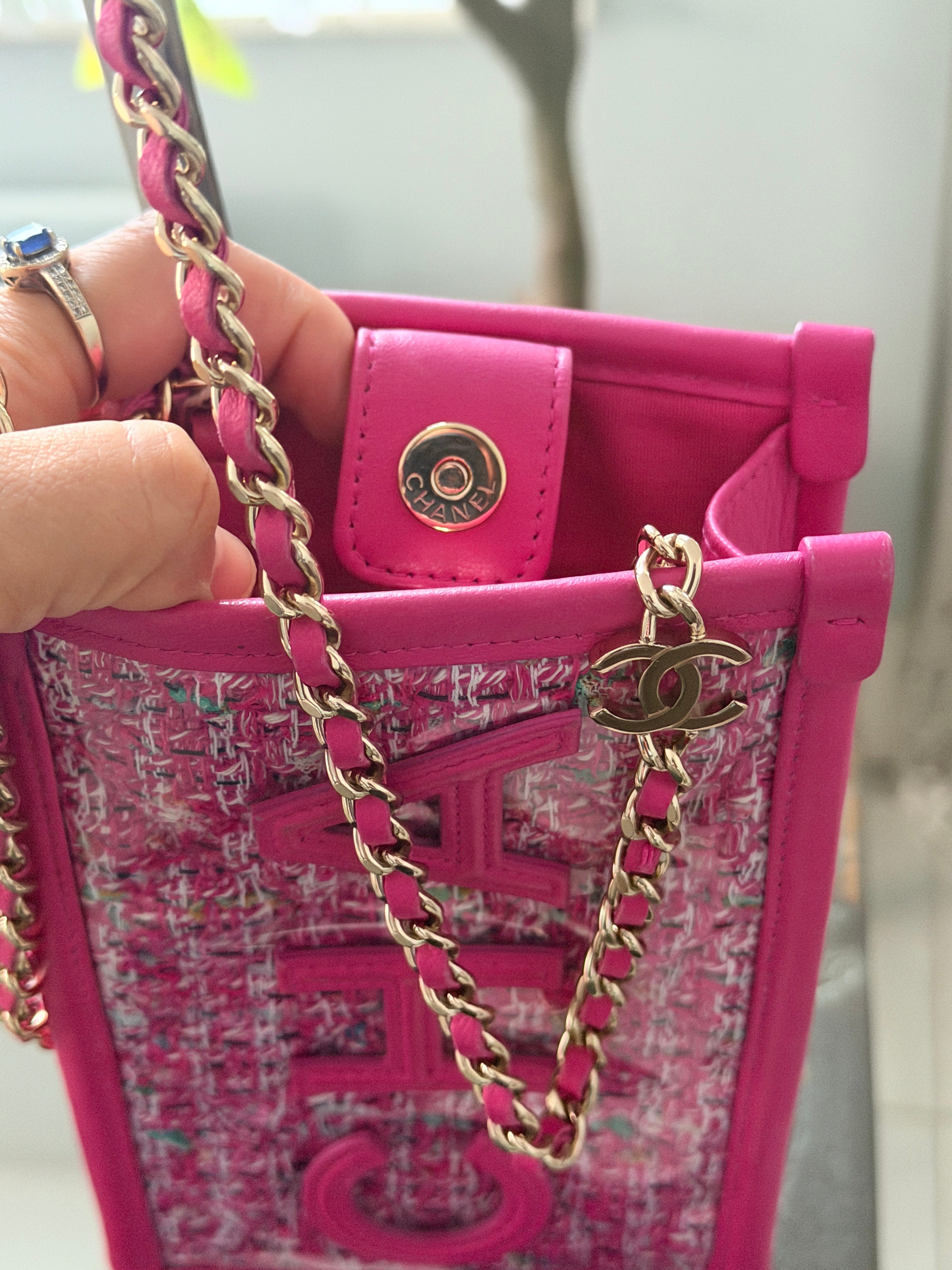 Chanel Mini Vertical Crossbody Bag Pink Tweed & Leather Gold Hardware