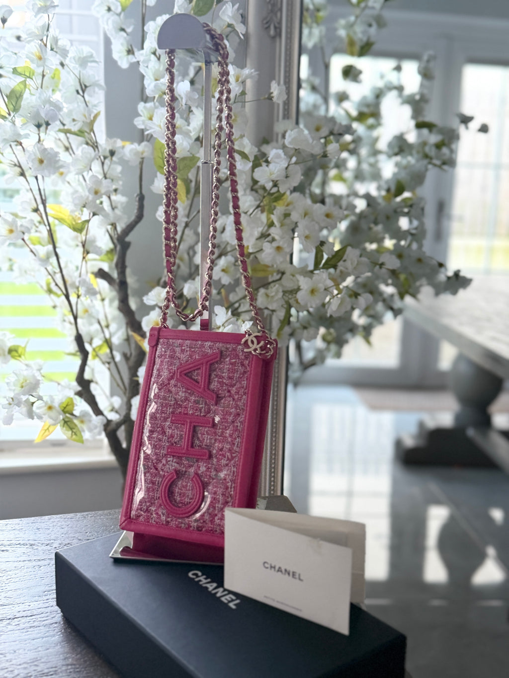 Chanel Mini Vertical Crossbody Bag Pink Tweed & Leather Gold Hardware
