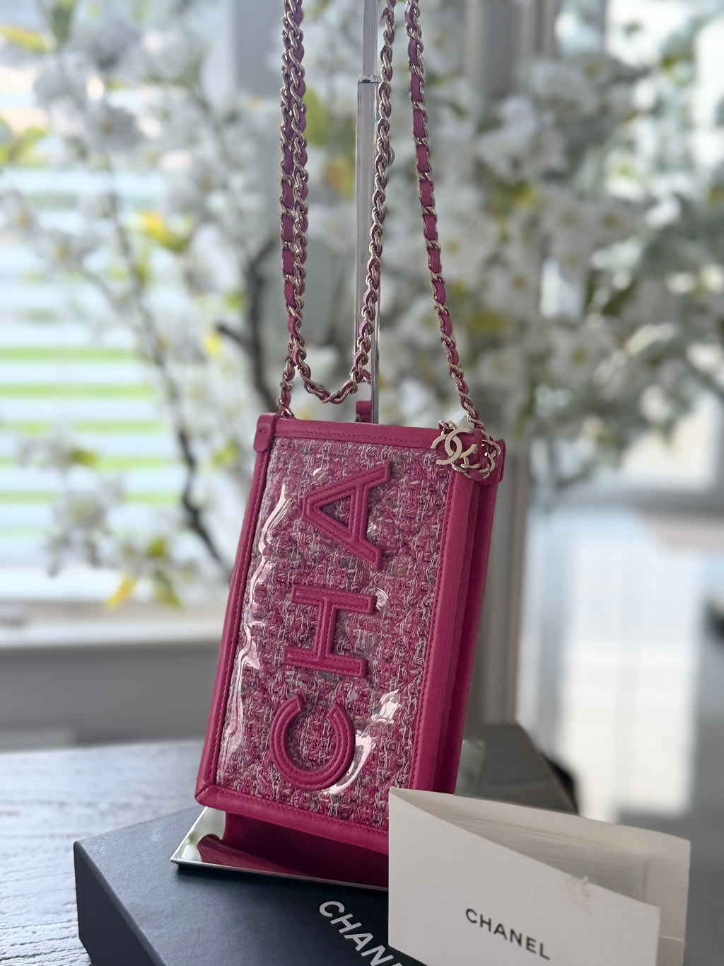 Chanel Mini Vertical Crossbody Bag Pink Tweed & Leather Gold Hardware