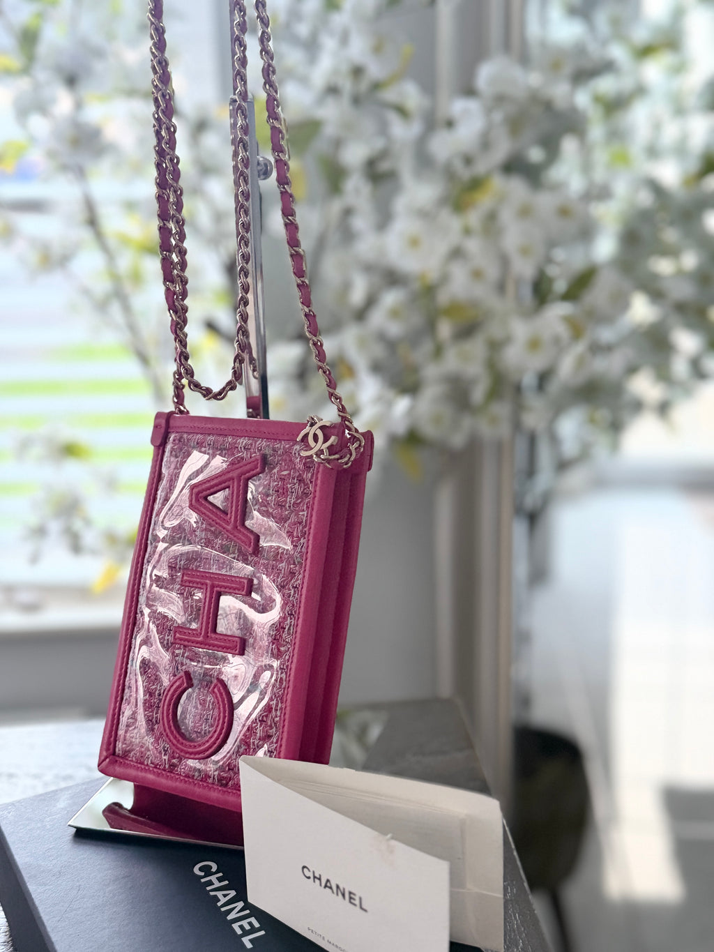 Chanel Mini Vertical Crossbody Bag Pink Tweed & Leather Gold Hardware