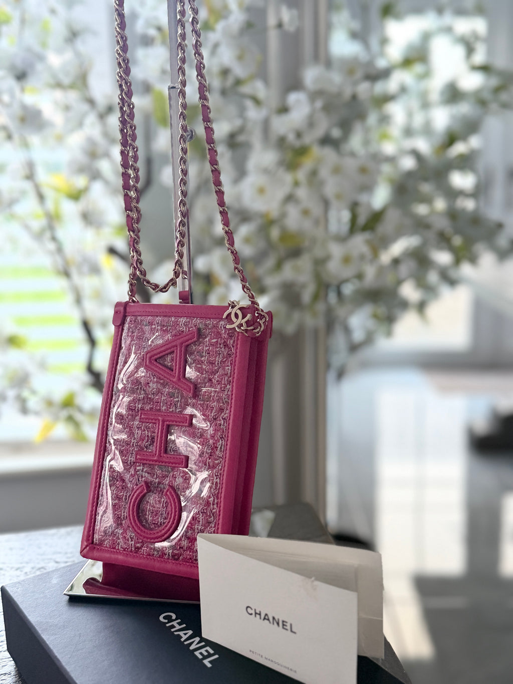Chanel Mini Vertical Crossbody Bag Pink Tweed & Leather Gold Hardware