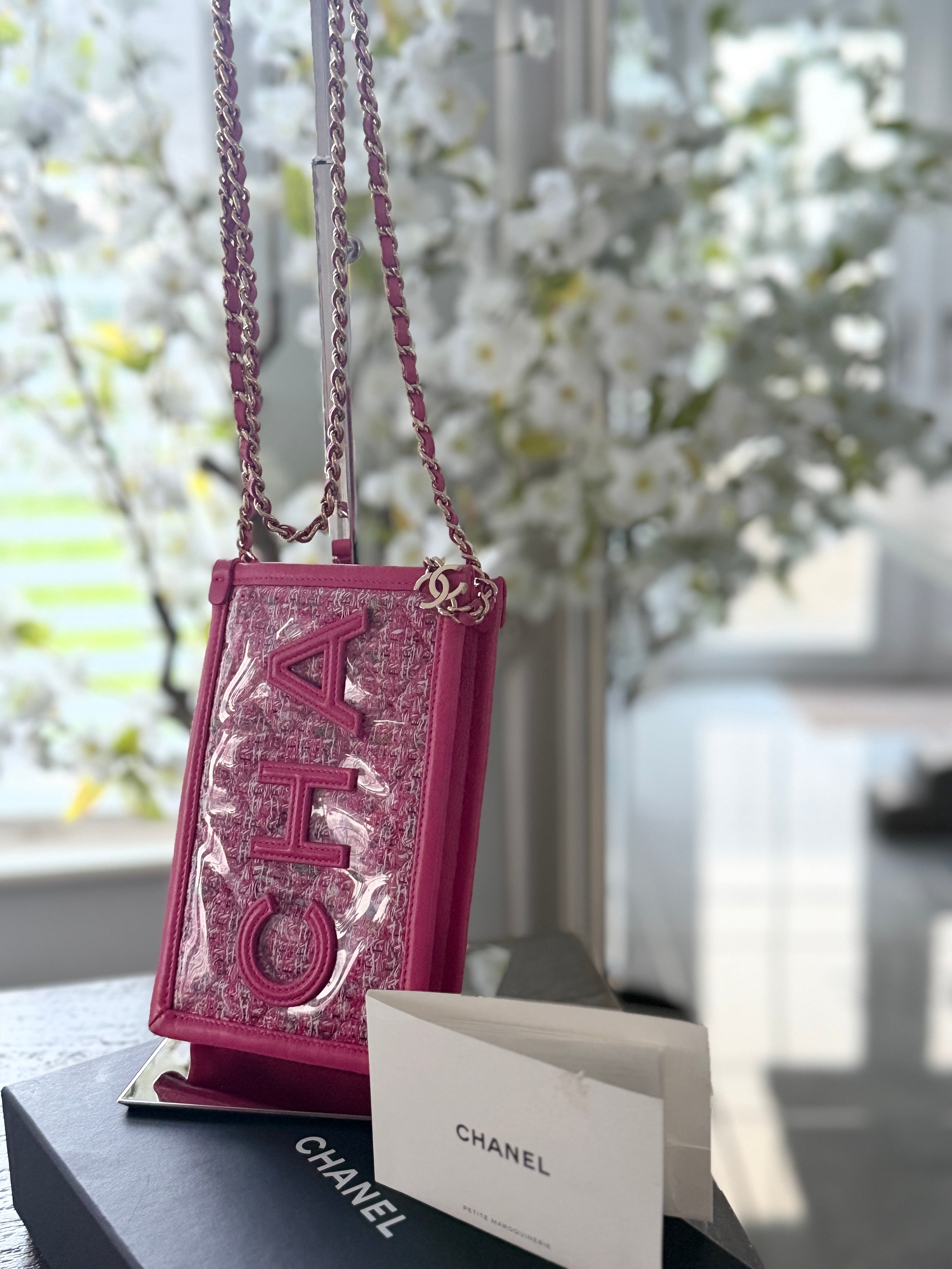 Chanel Mini Vertical Crossbody Bag Pink Tweed & Leather Gold Hardware