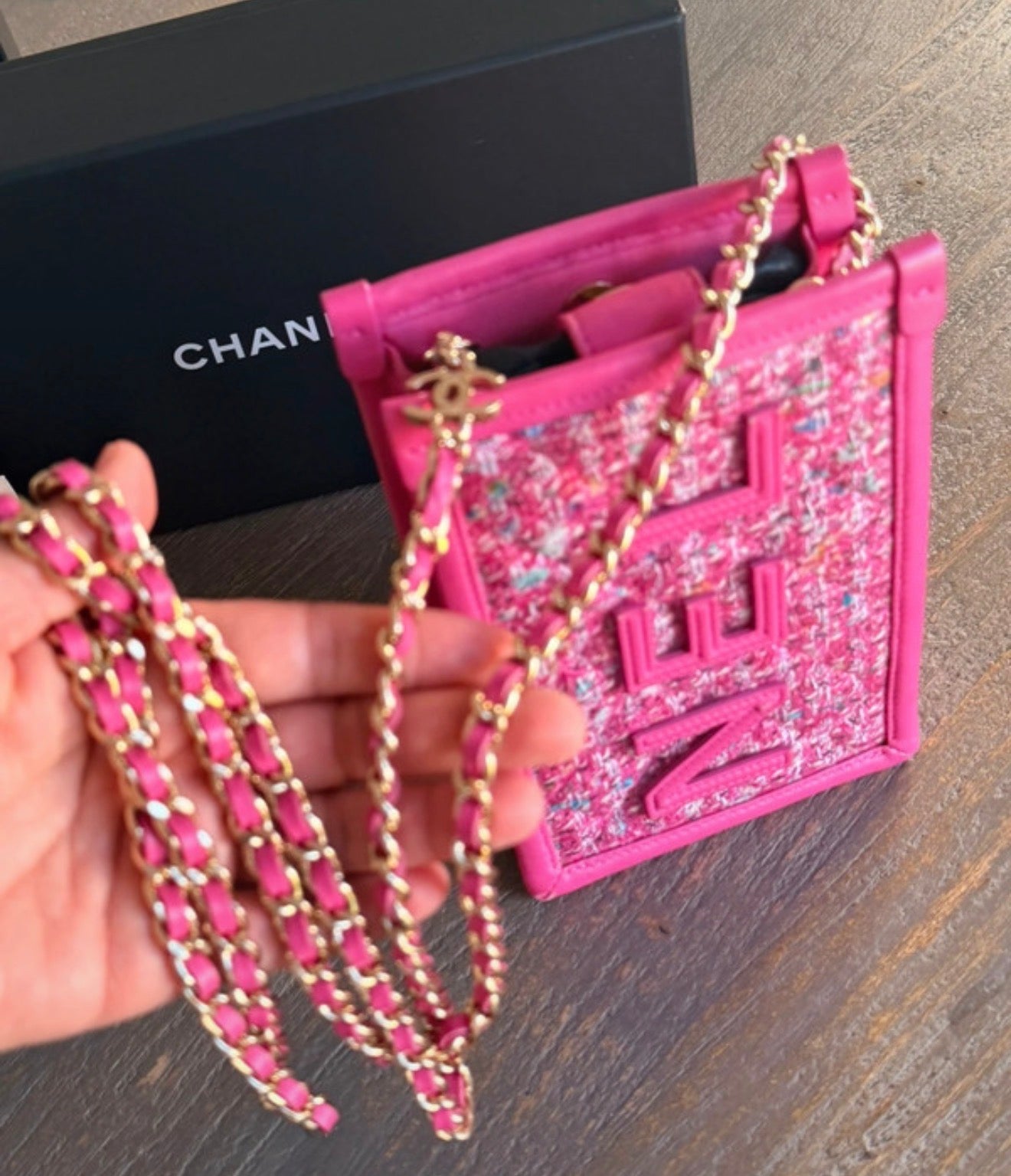 Chanel Mini Vertical Crossbody Bag Pink Tweed & Leather Gold Hardware