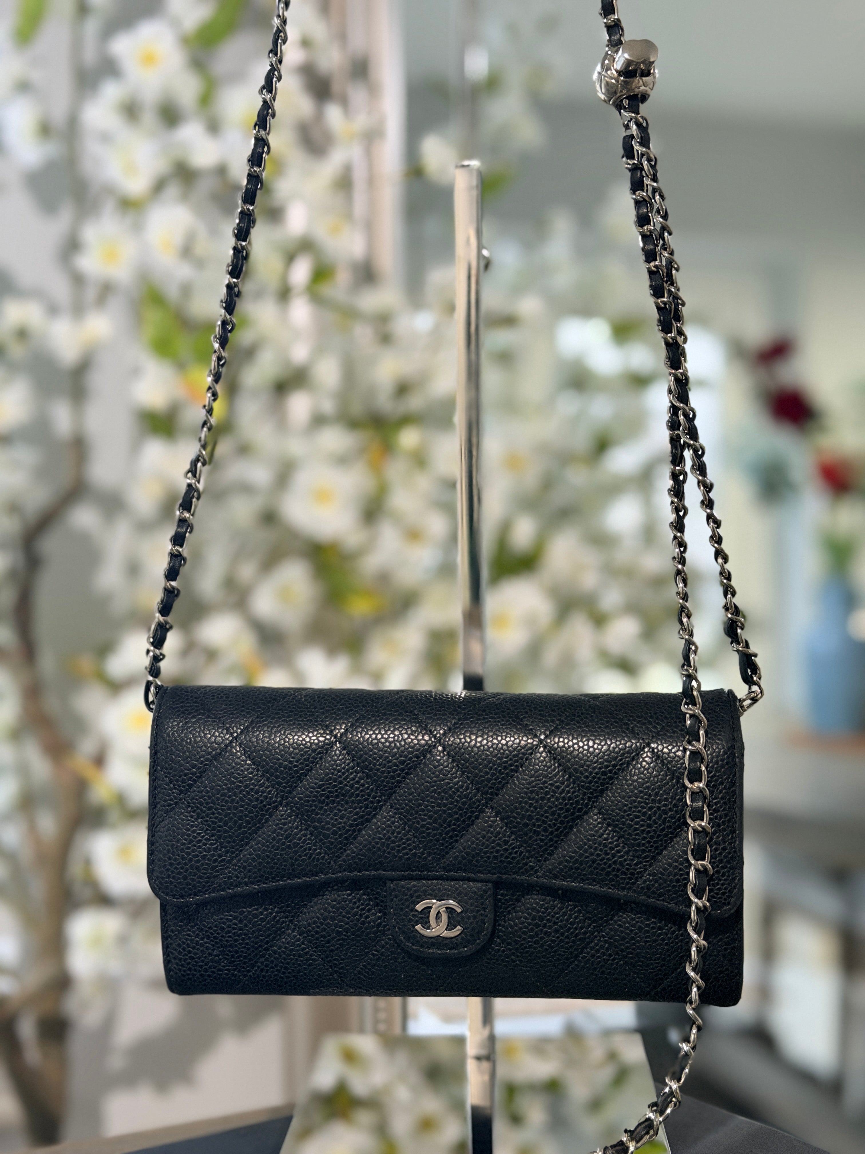 Chanel Long Wallet Black Caviar Leather Silver Hardware
