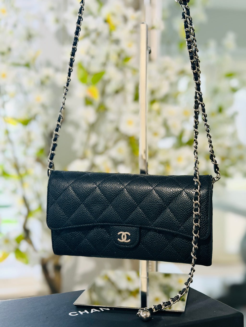 Chanel Long Wallet Black Caviar Leather Silver Hardware
