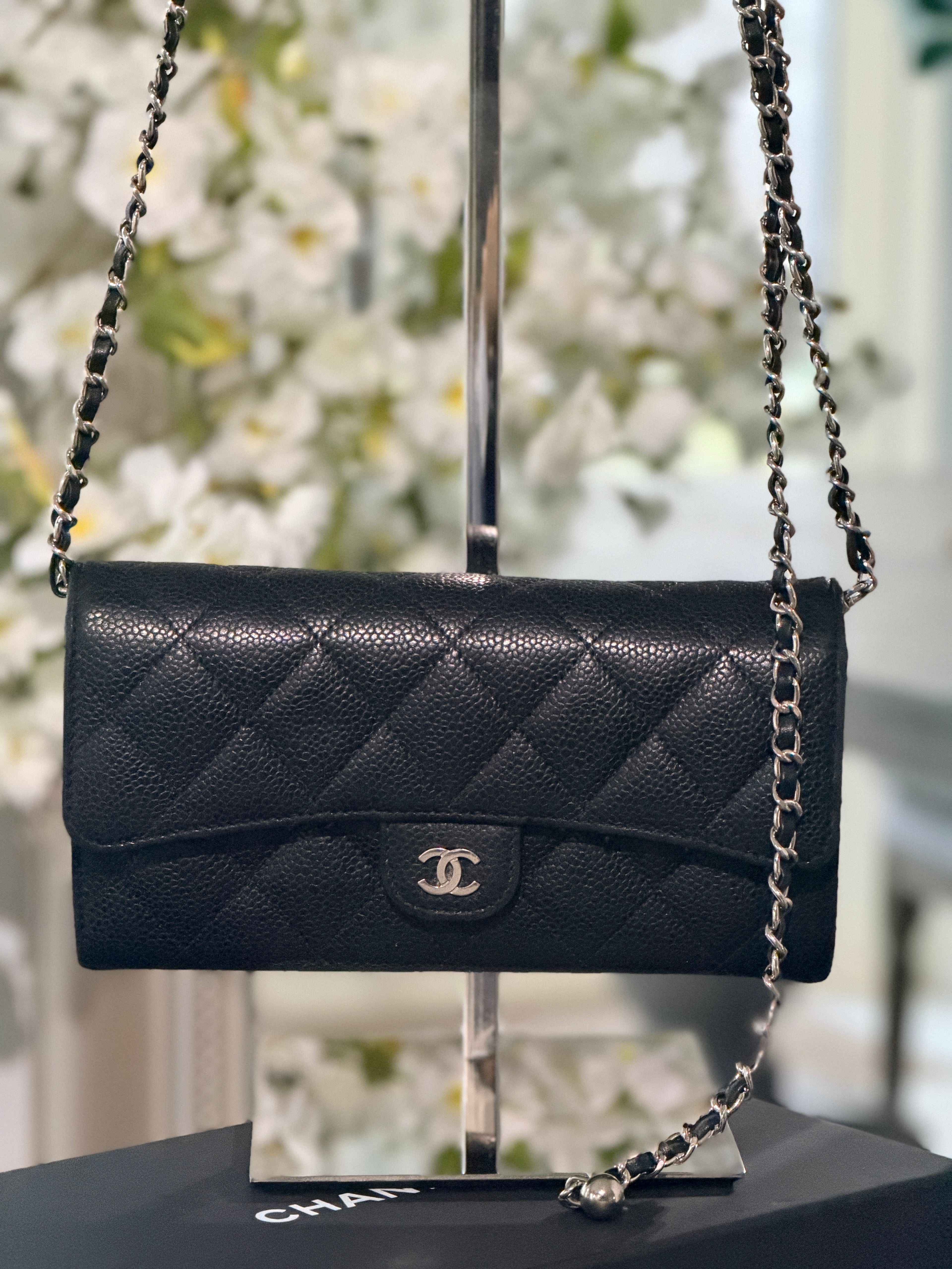 Chanel Long Wallet Black Caviar Leather Silver Hardware