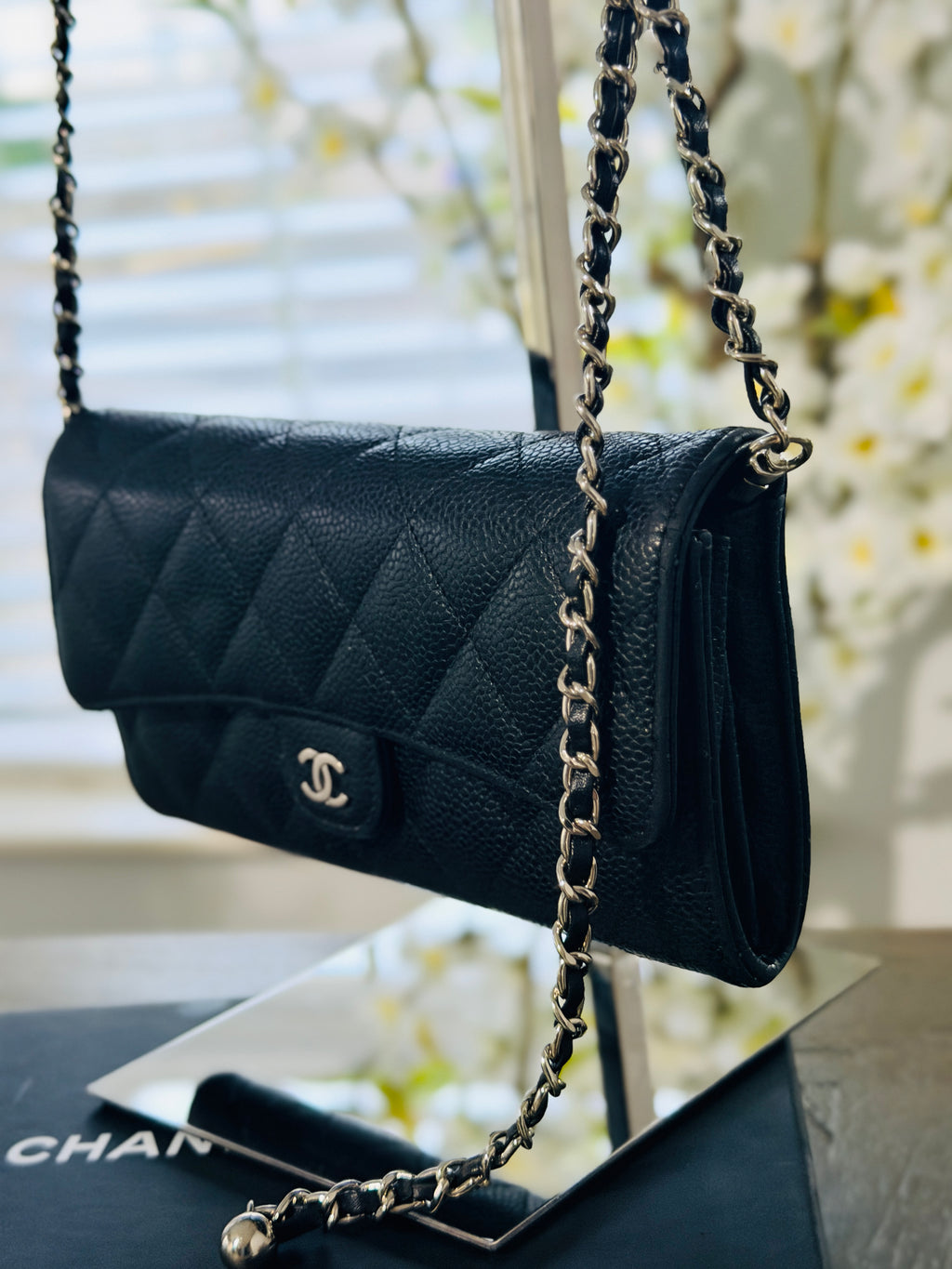 Chanel Long Wallet Black Caviar Leather Silver Hardware