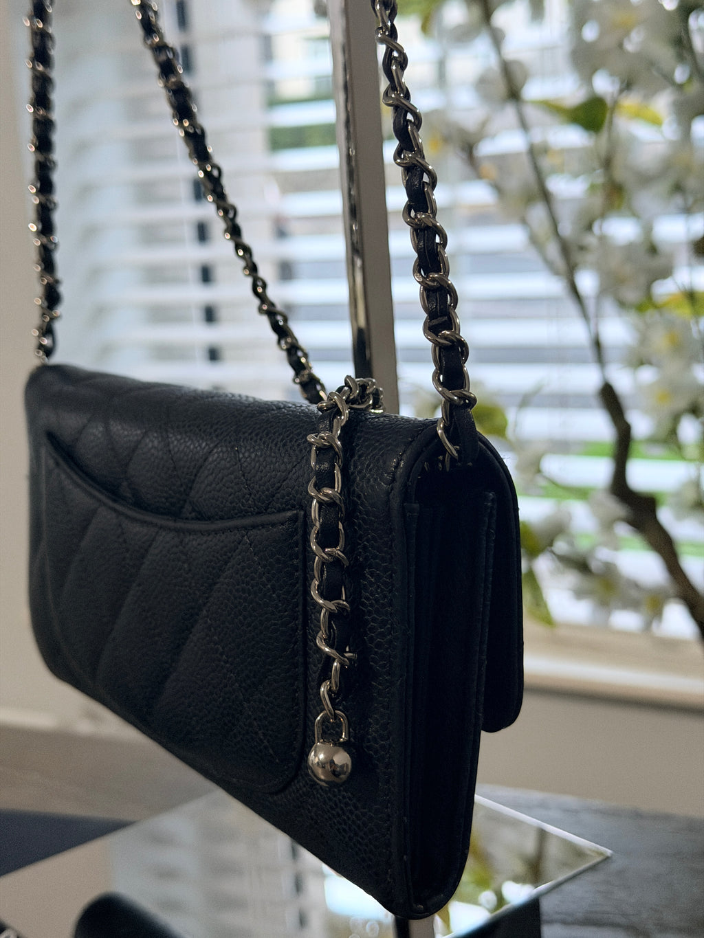 Chanel Long Wallet Black Caviar Leather Silver Hardware