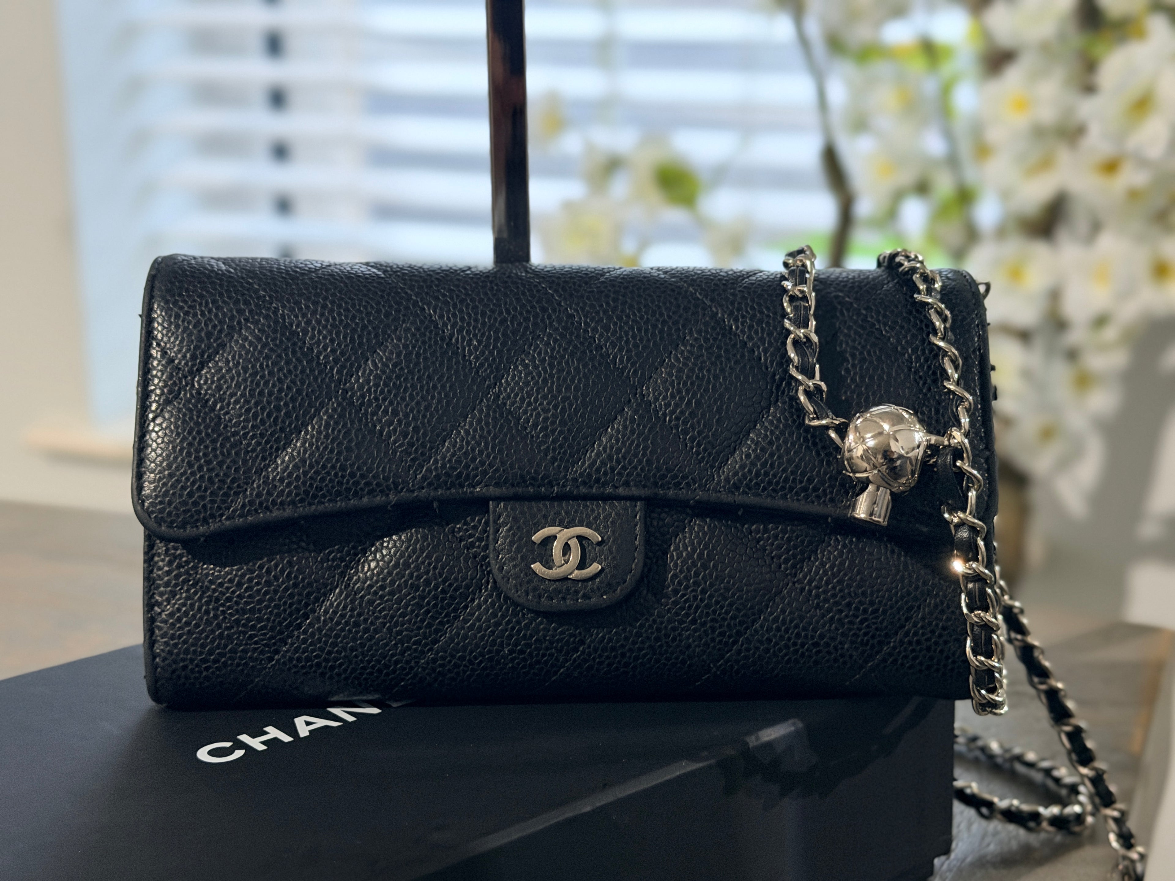 Chanel Long Wallet Black Caviar Leather Silver Hardware