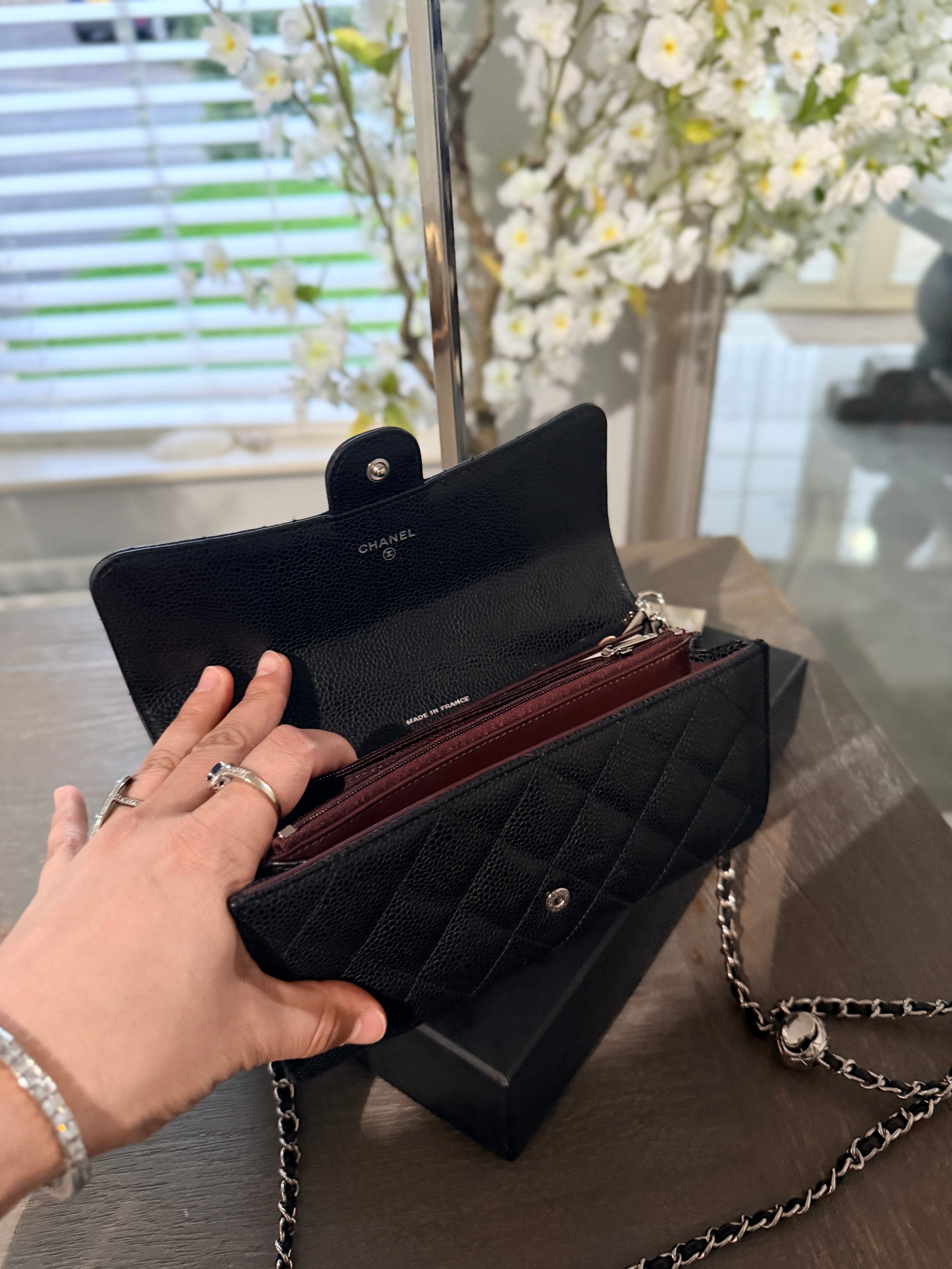 Chanel Long Wallet Black Caviar Leather Silver Hardware