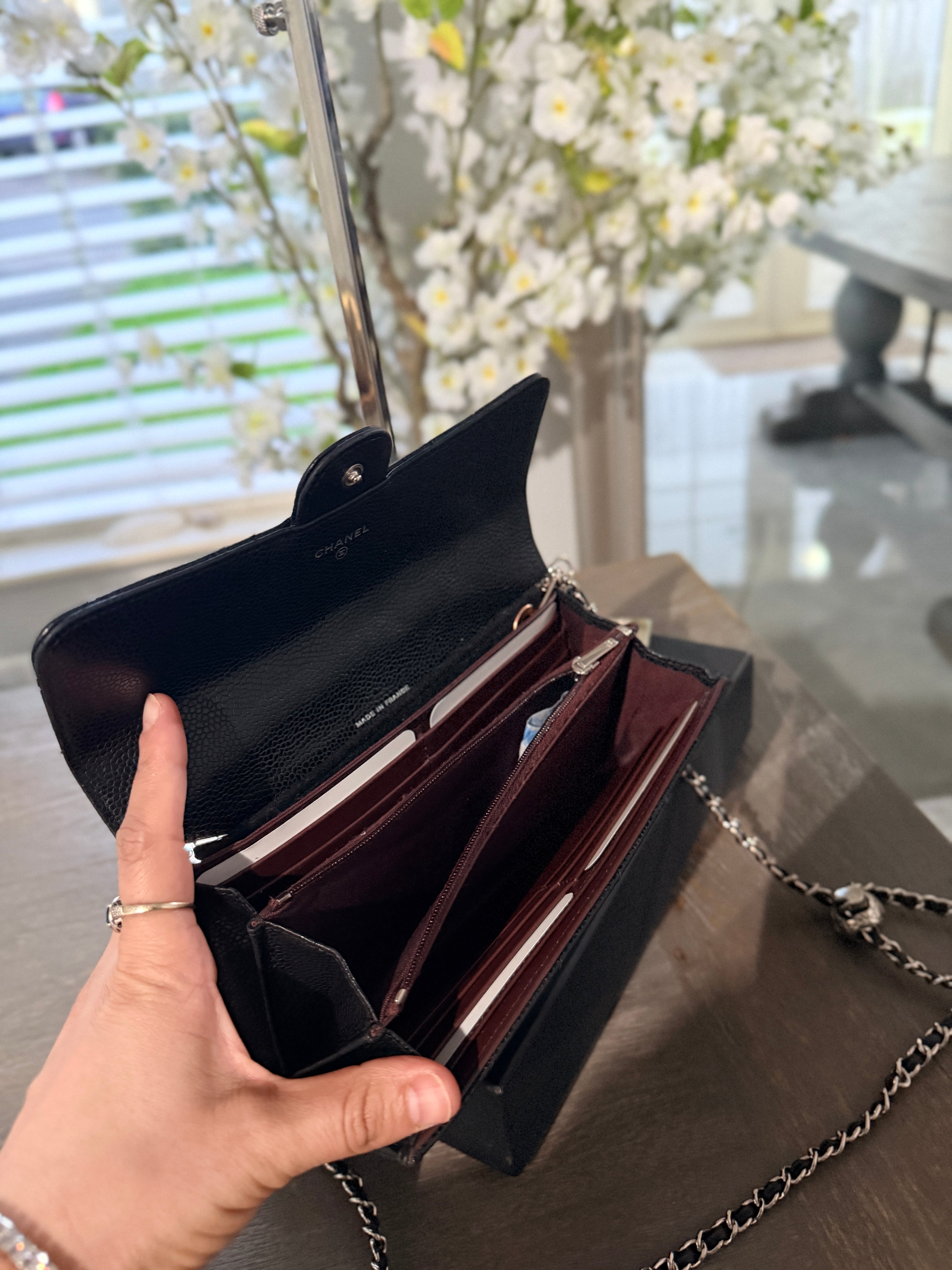 Chanel Long Wallet Black Caviar Leather Silver Hardware