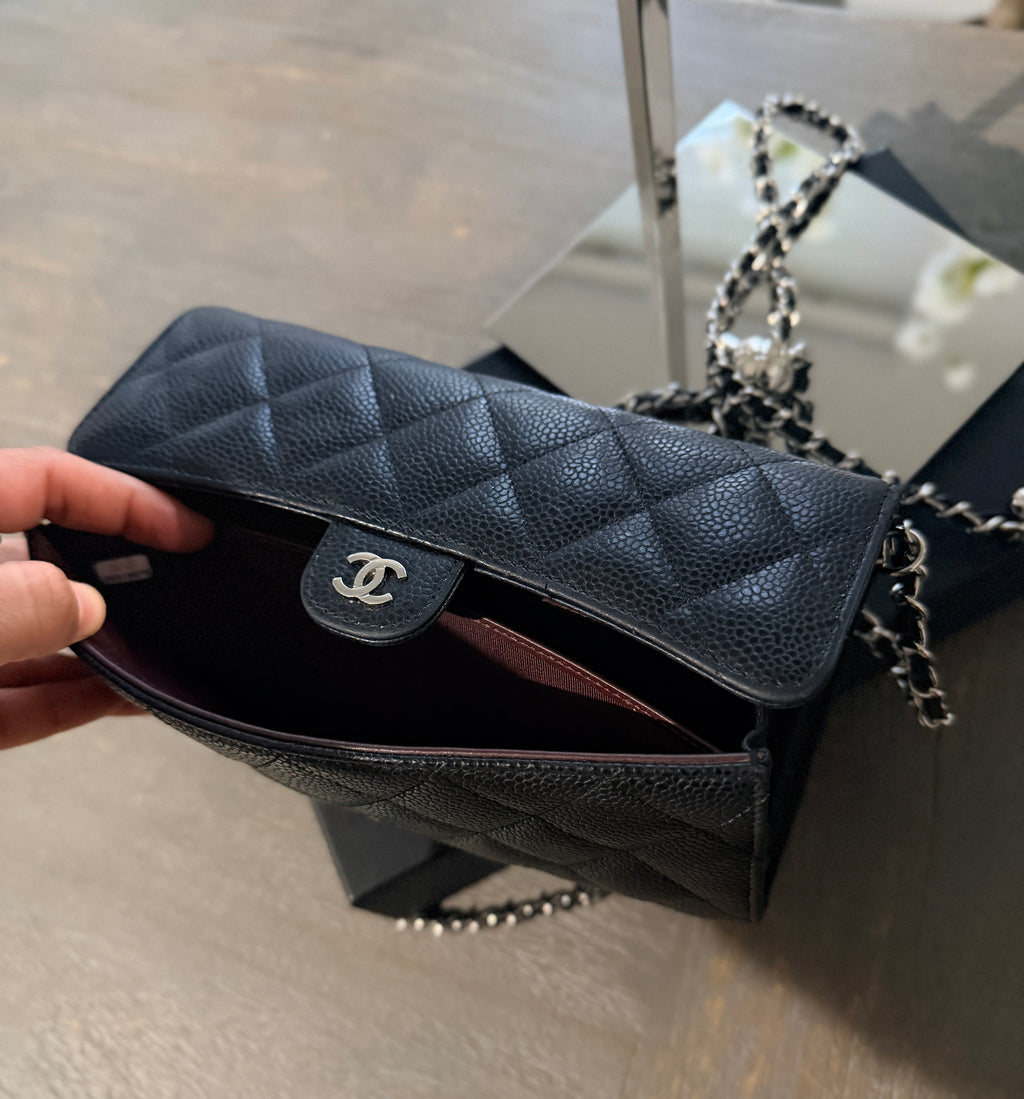 Chanel Long Wallet Black Caviar Leather Silver Hardware