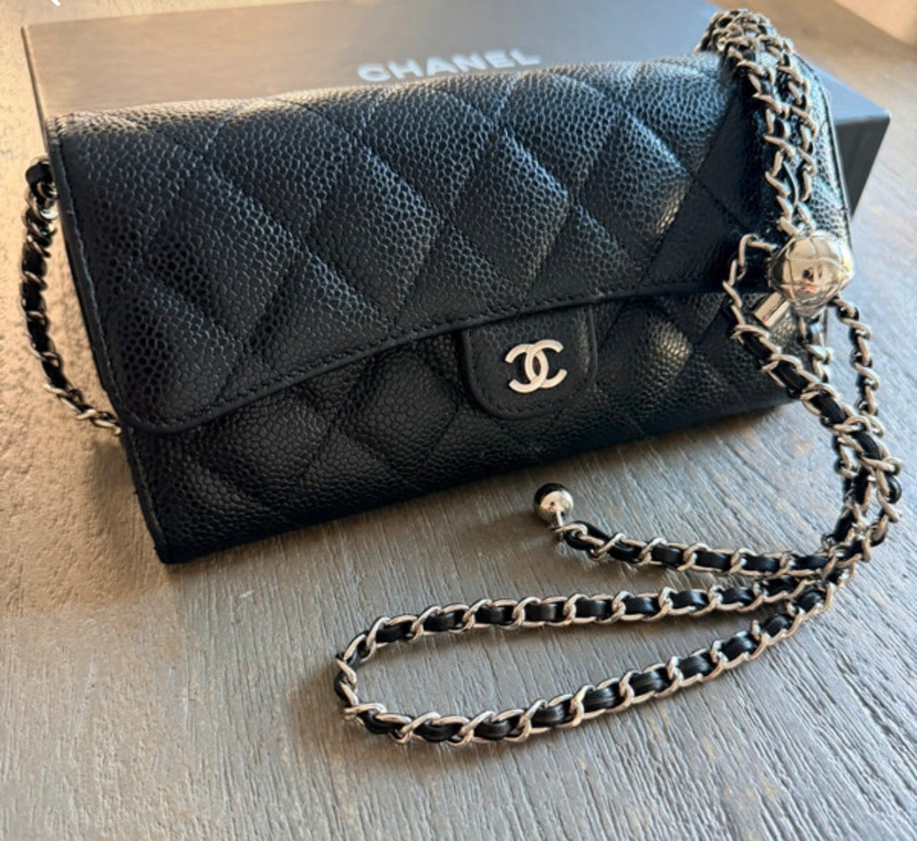 Chanel Long Wallet Black Caviar Leather Silver Hardware