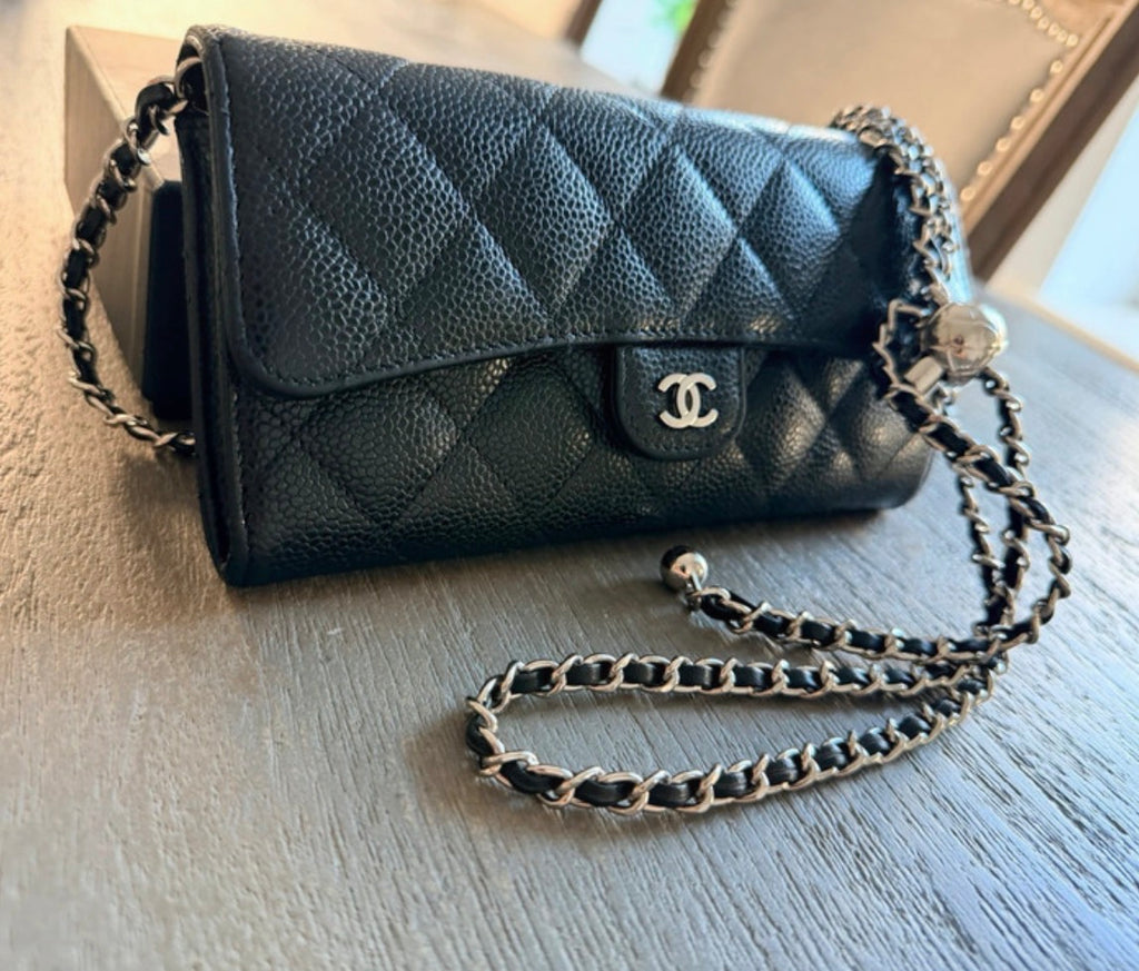 Chanel Long Wallet Black Caviar Leather Silver Hardware