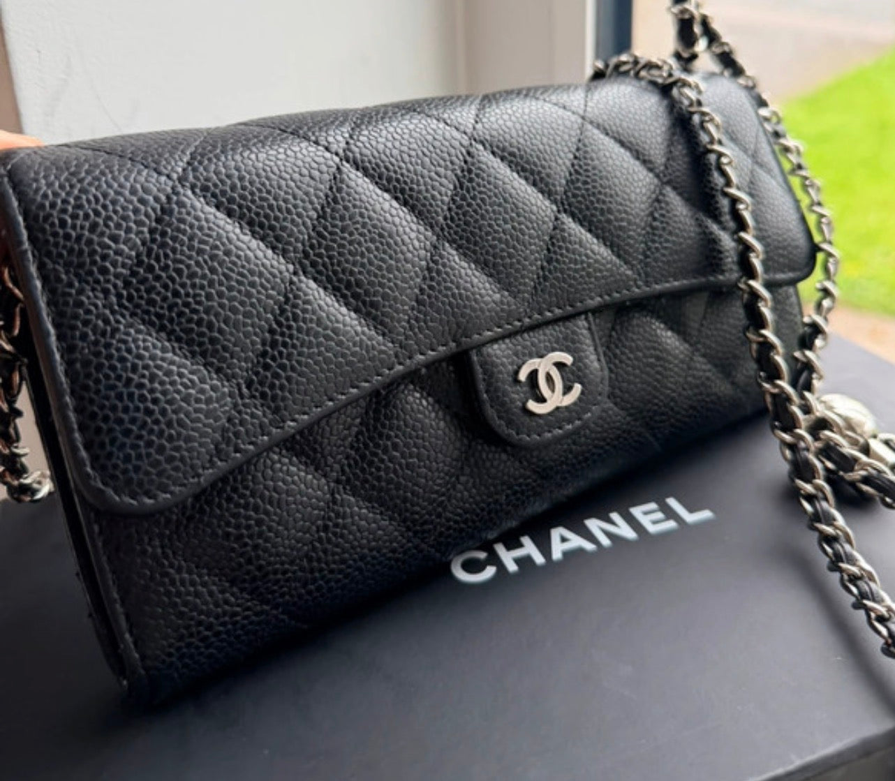 Chanel Long Wallet Black Caviar Leather Silver Hardware