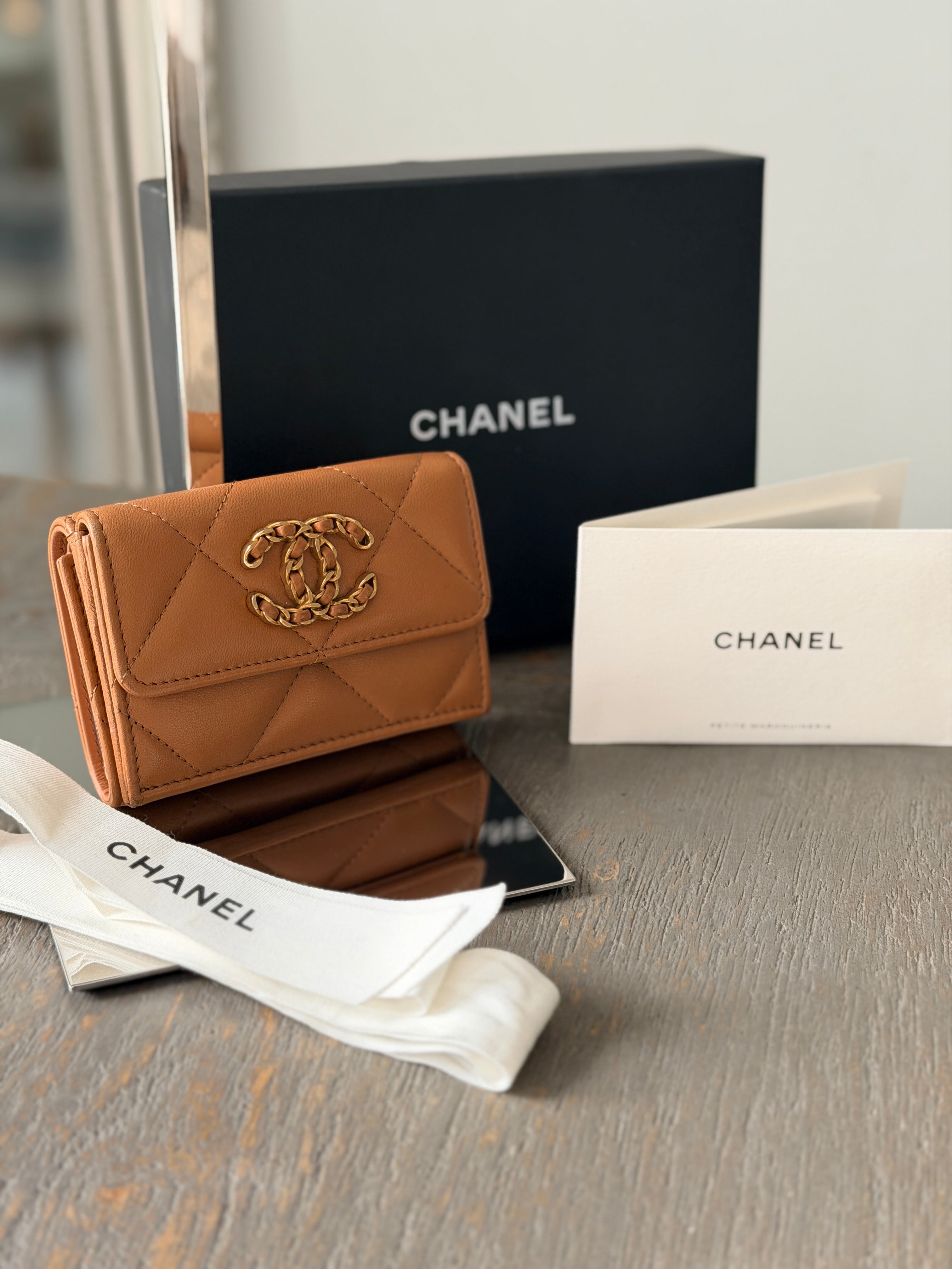 Chanel 19 Wallet Tan Quilted Leather Gold Hardware