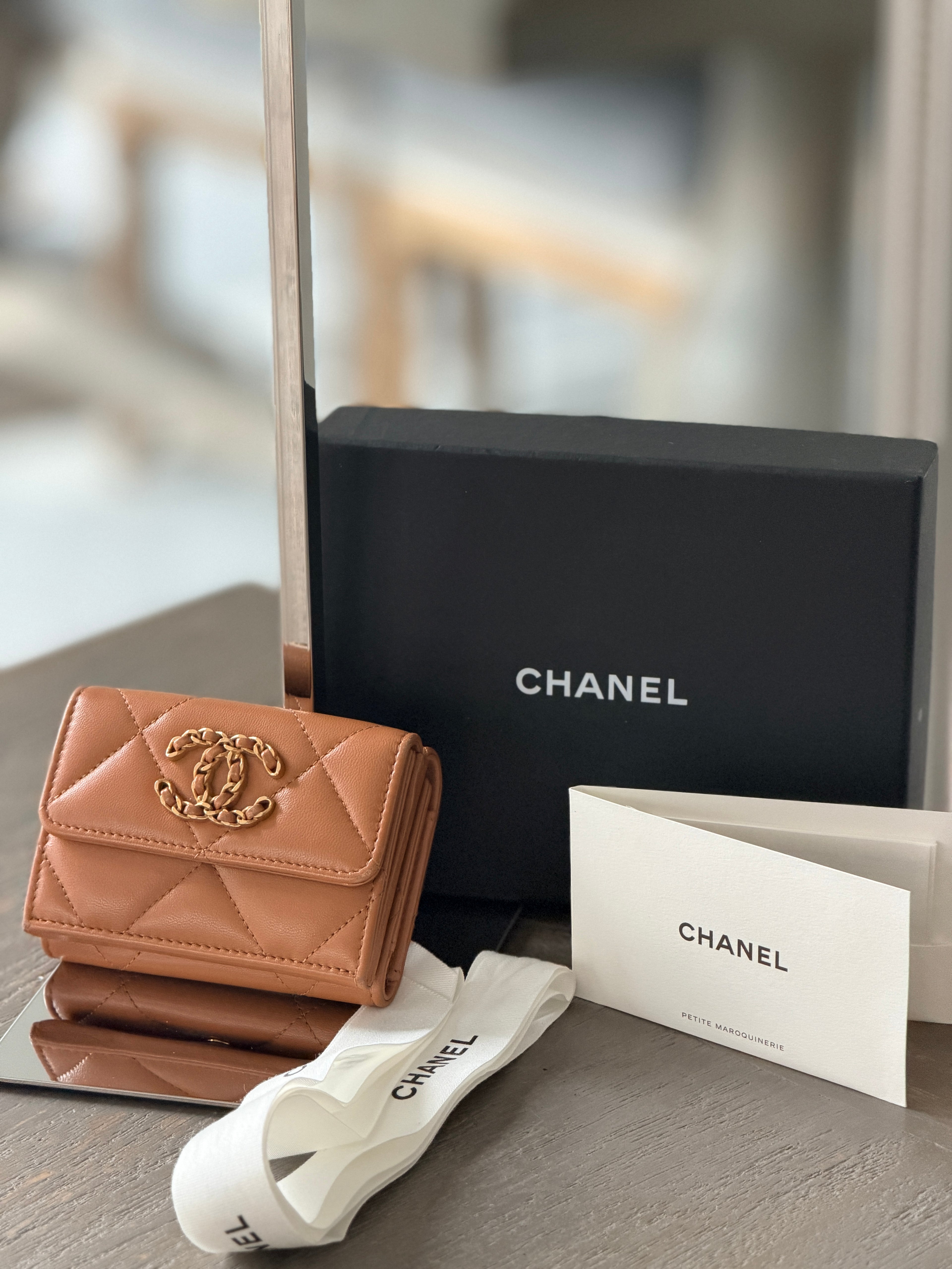 Chanel 19 Wallet Tan Quilted Leather Gold Hardware