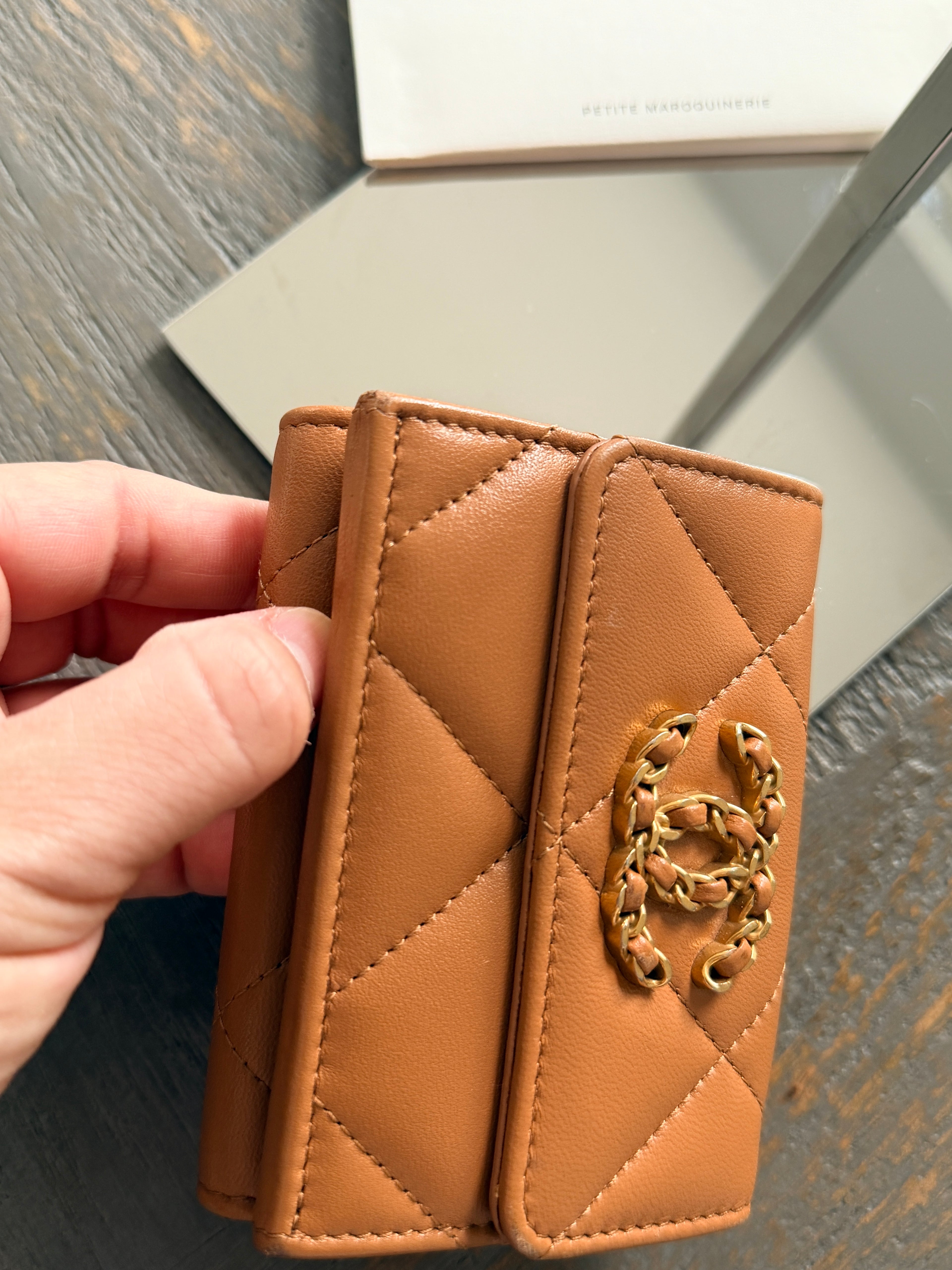 Chanel 19 Wallet Tan Quilted Leather Gold Hardware