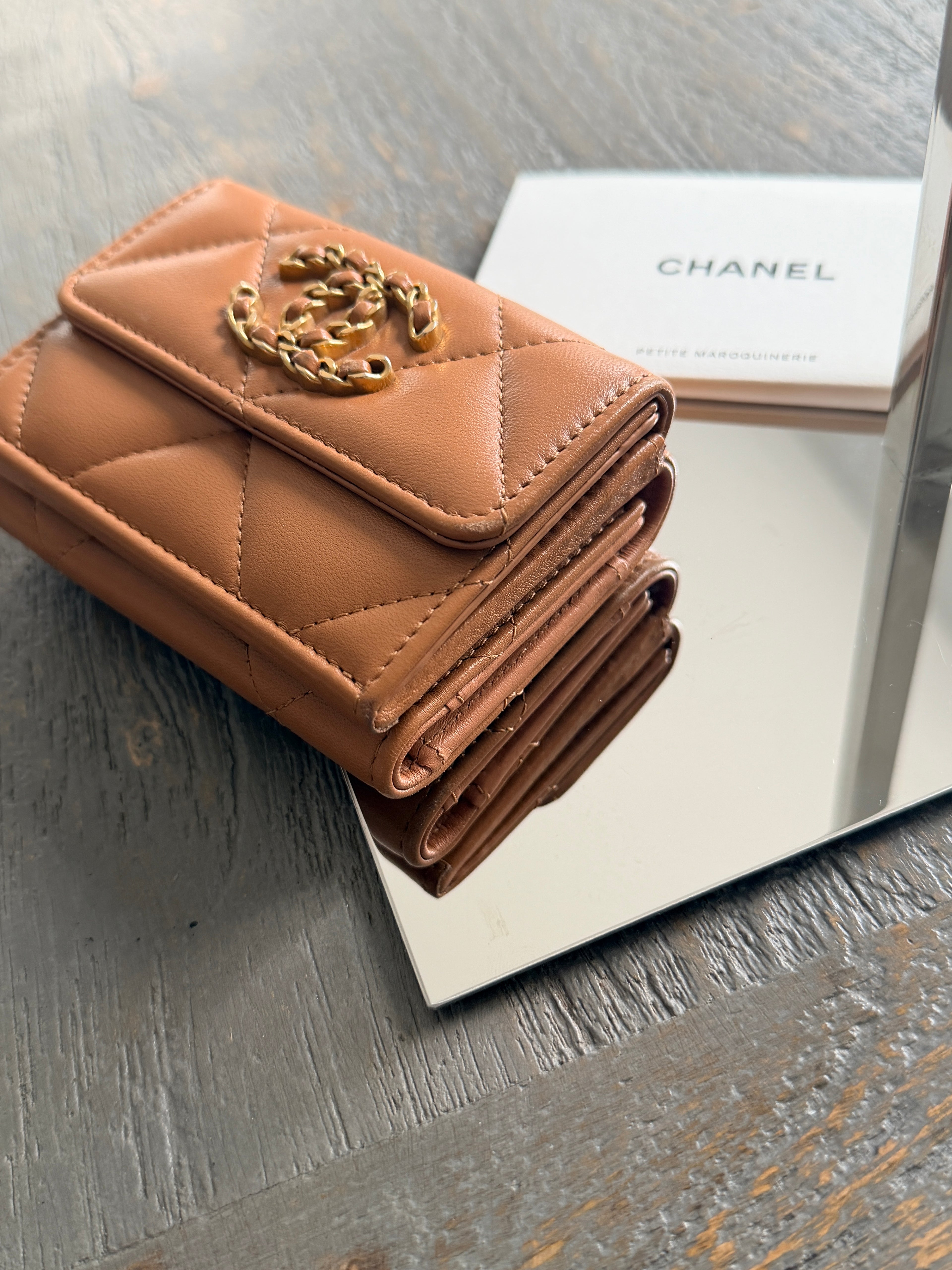 Chanel 19 Wallet Tan Quilted Leather Gold Hardware