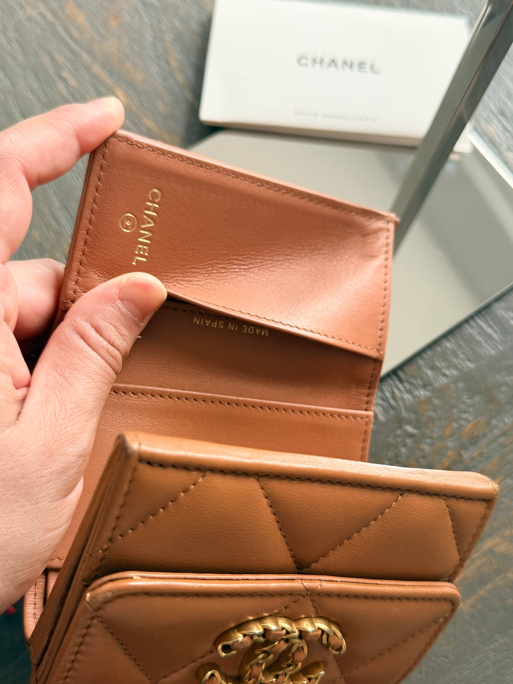 Chanel 19 Wallet Tan Quilted Leather Gold Hardware