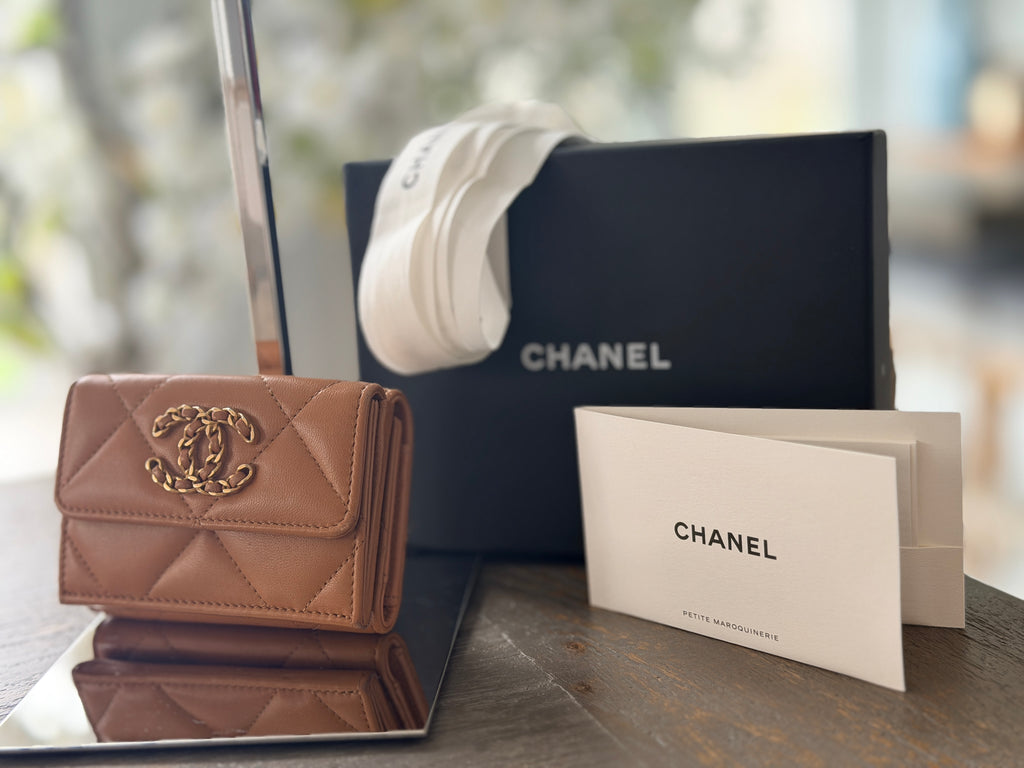 Chanel 19 Wallet Tan Quilted Leather Gold Hardware