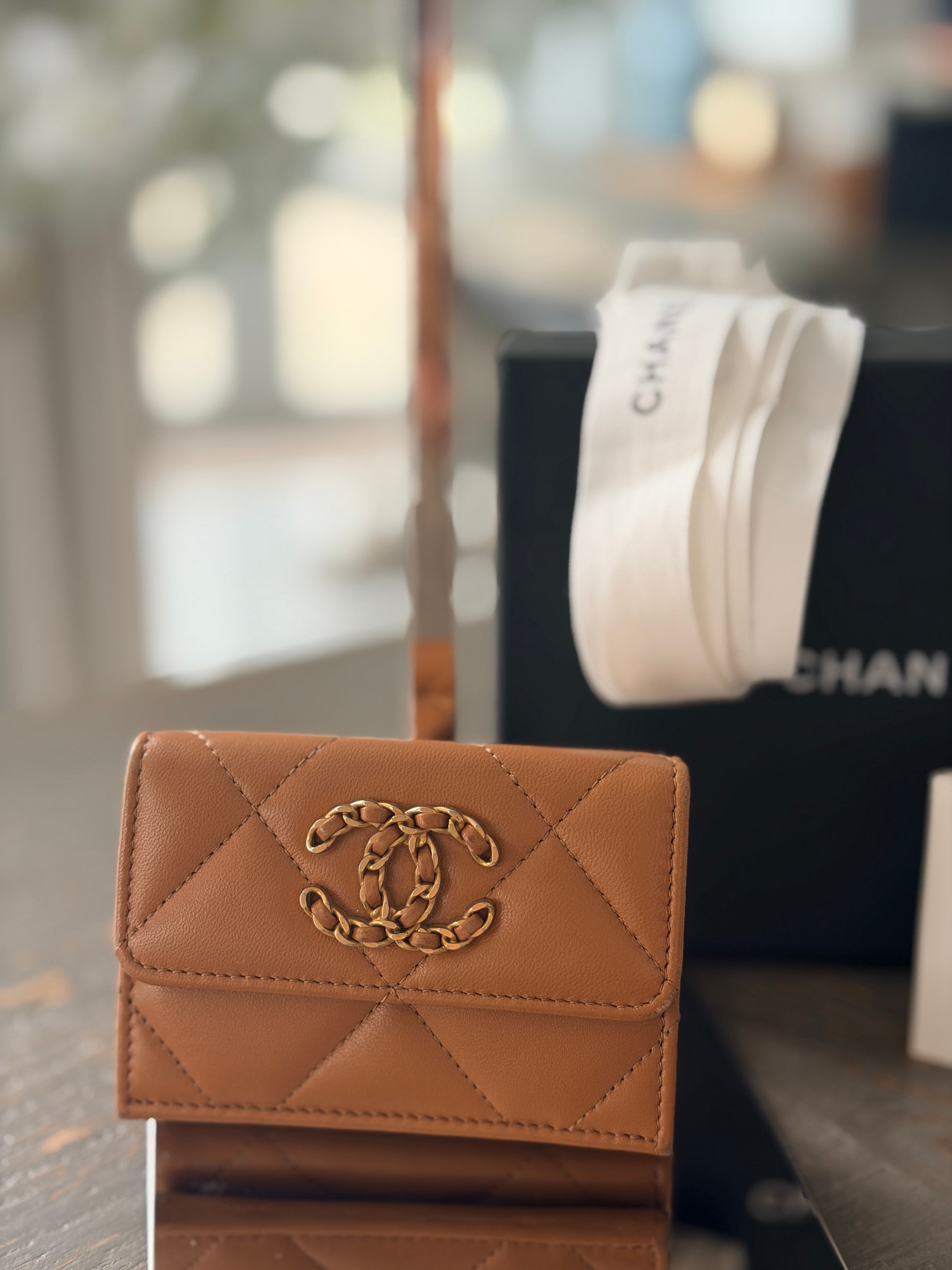 Chanel 19 Wallet Tan Quilted Leather Gold Hardware