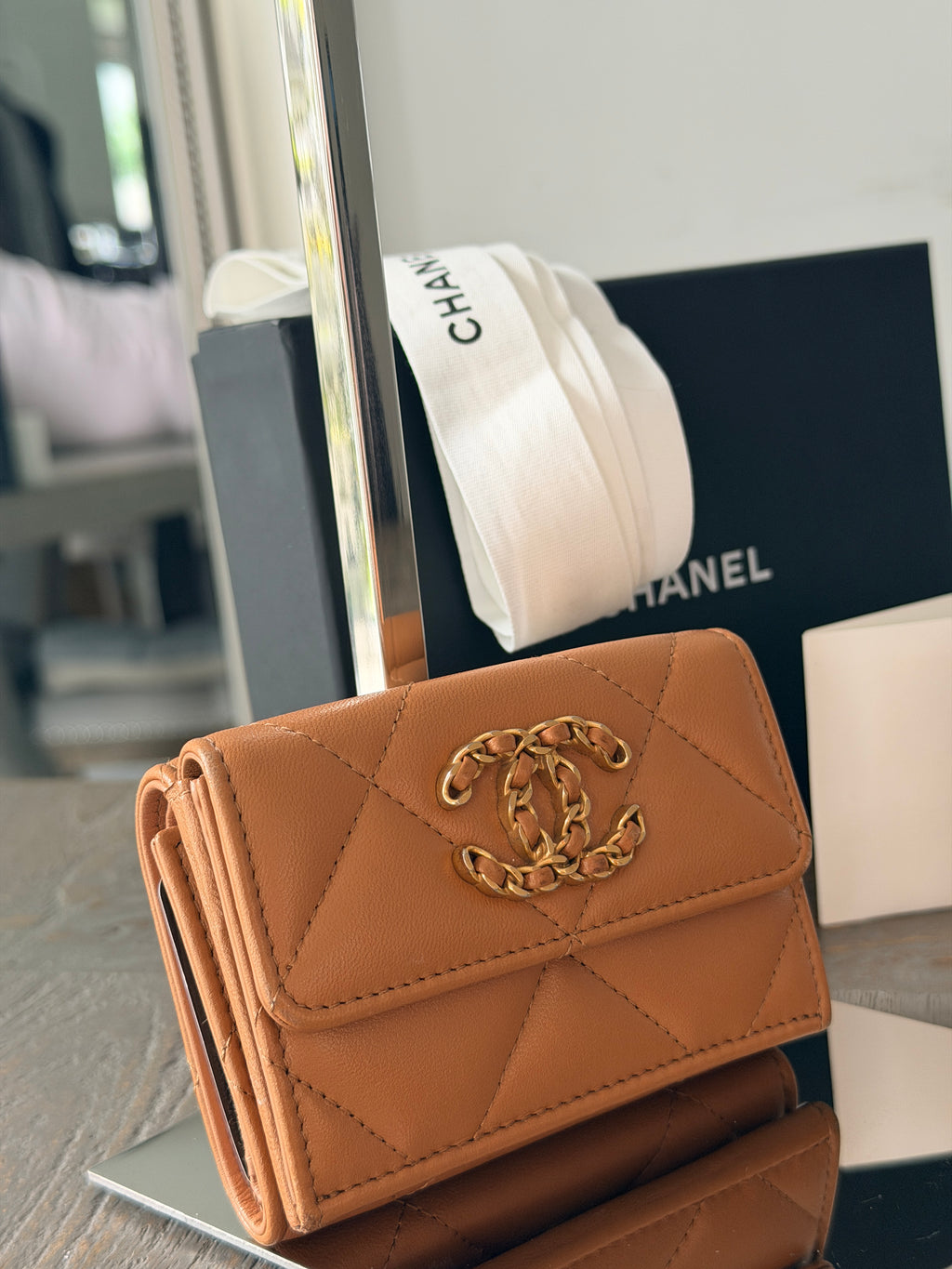 Chanel 19 Wallet Tan Quilted Leather Gold Hardware