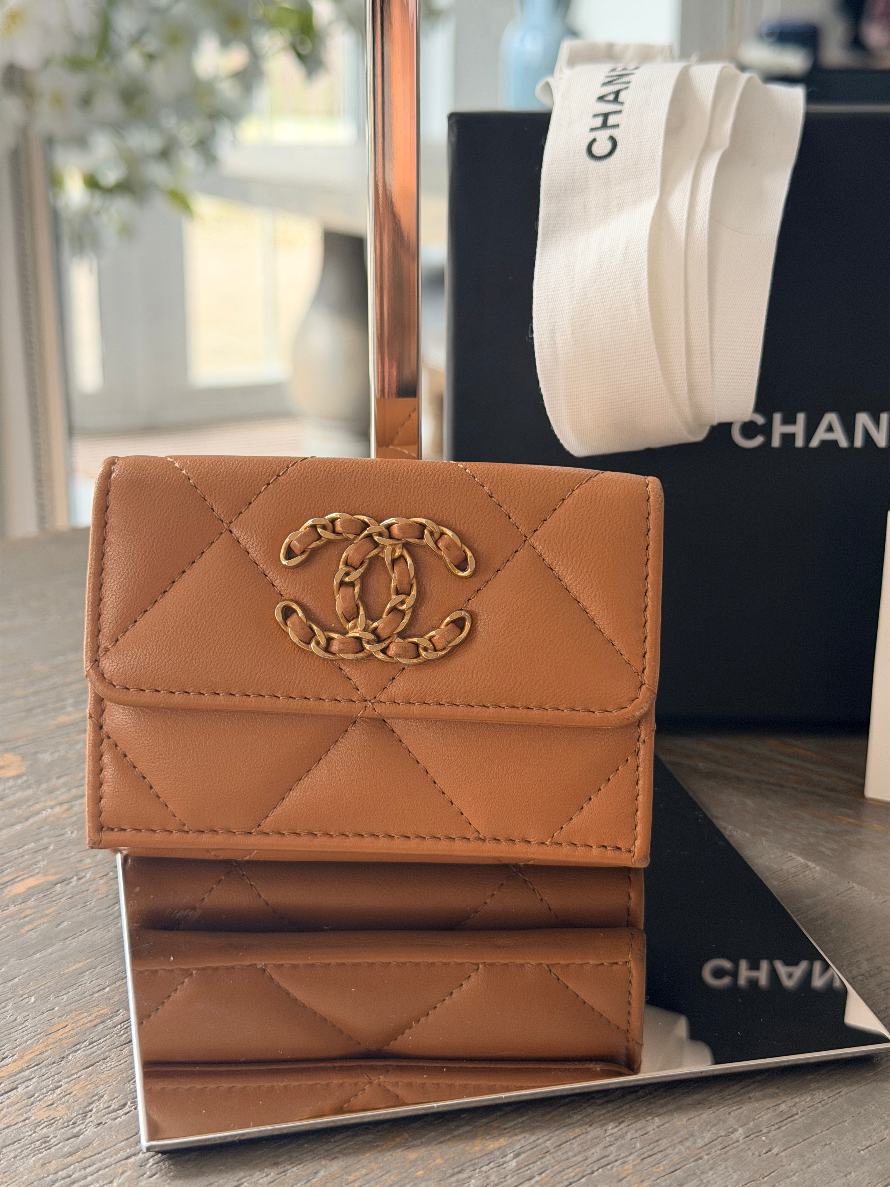 Chanel 19 Wallet Tan Quilted Leather Gold Hardware