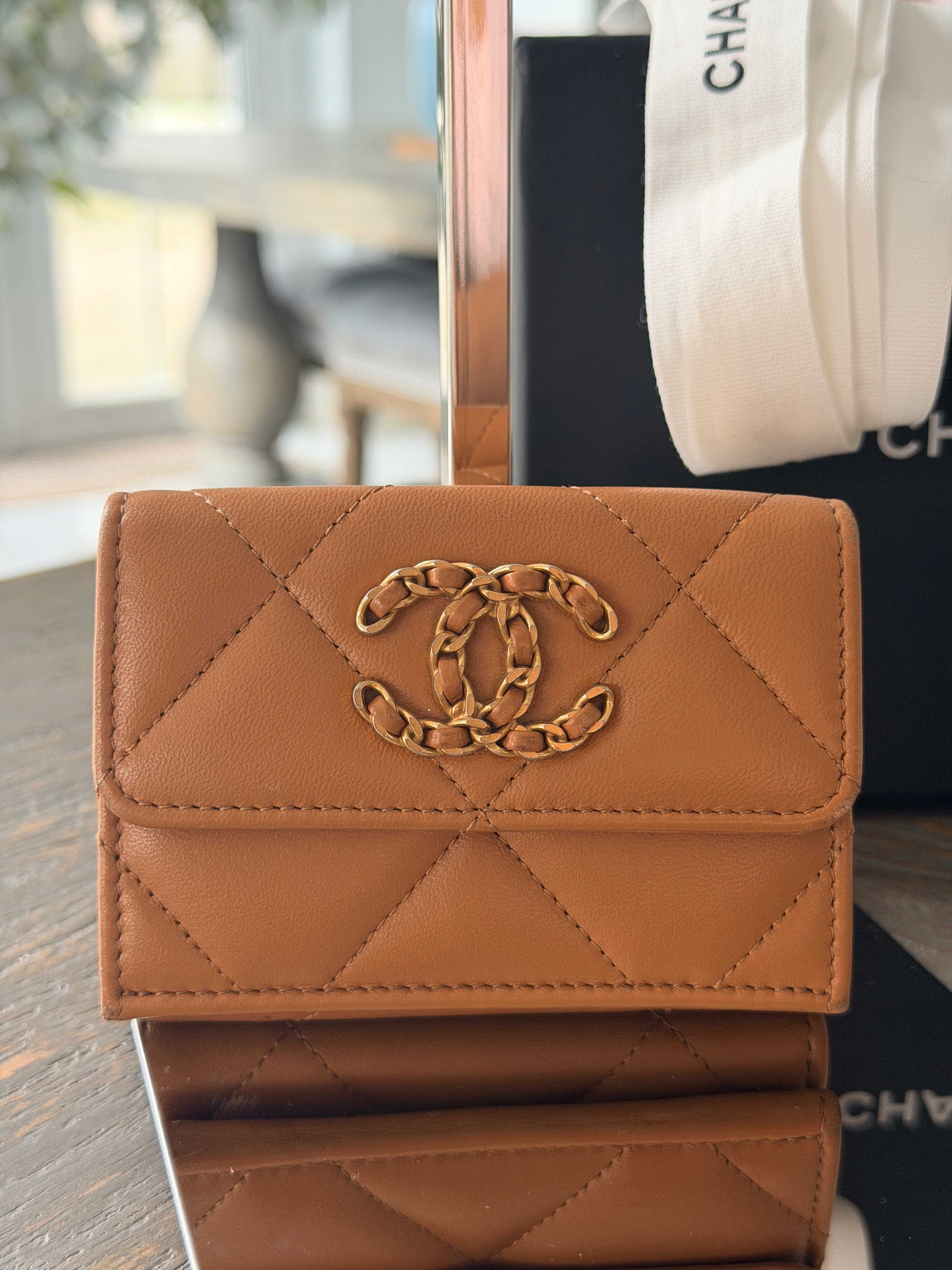 Chanel 19 Wallet Tan Quilted Leather Gold Hardware