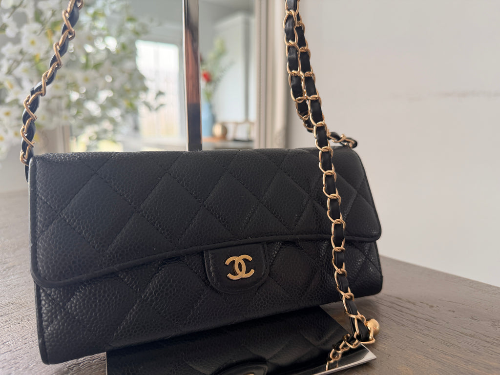 Chanel Long Wallet Black Caviar Leather Gold Hardware