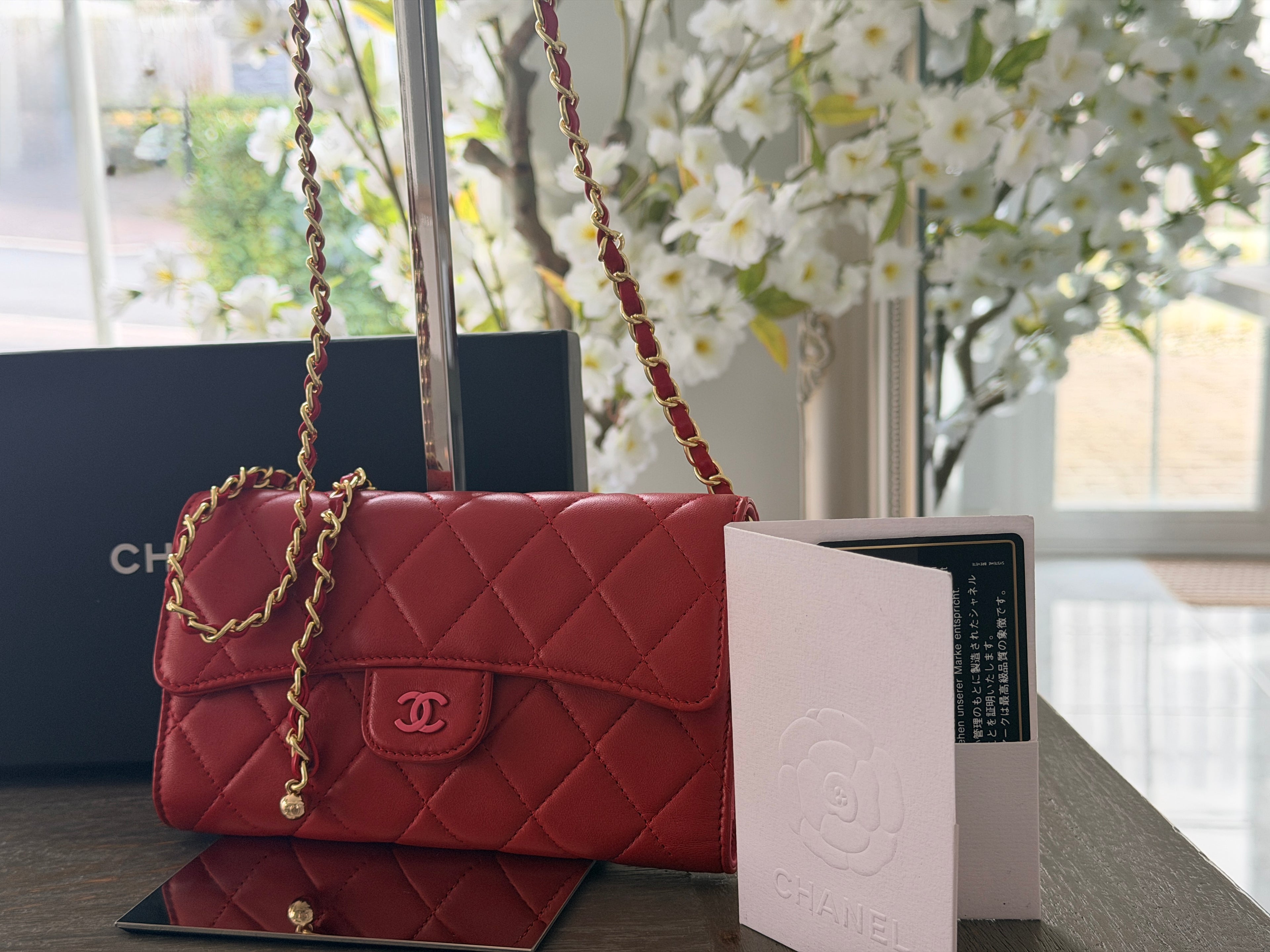 Chanel Long Wallet Trifold Red Lambskin Leather Pink Hardware