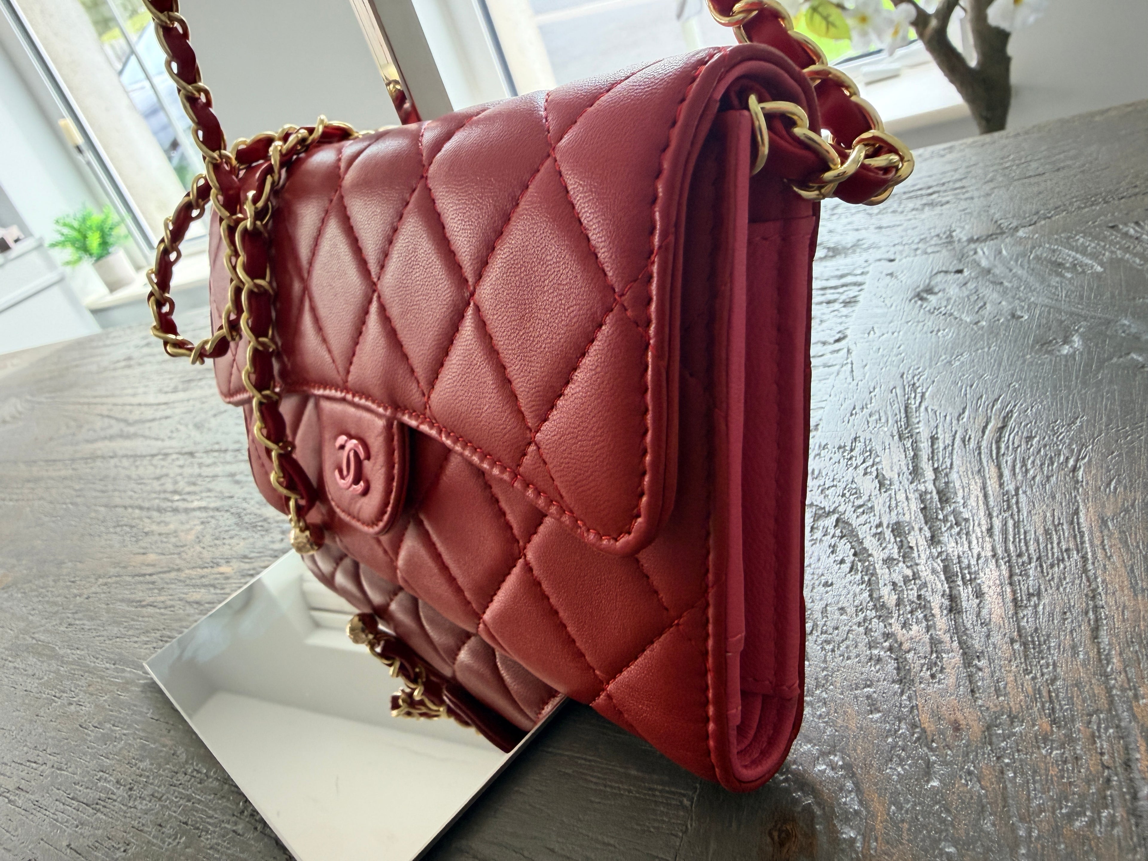 Chanel Long Wallet Trifold Red Lambskin Leather Pink Hardware
