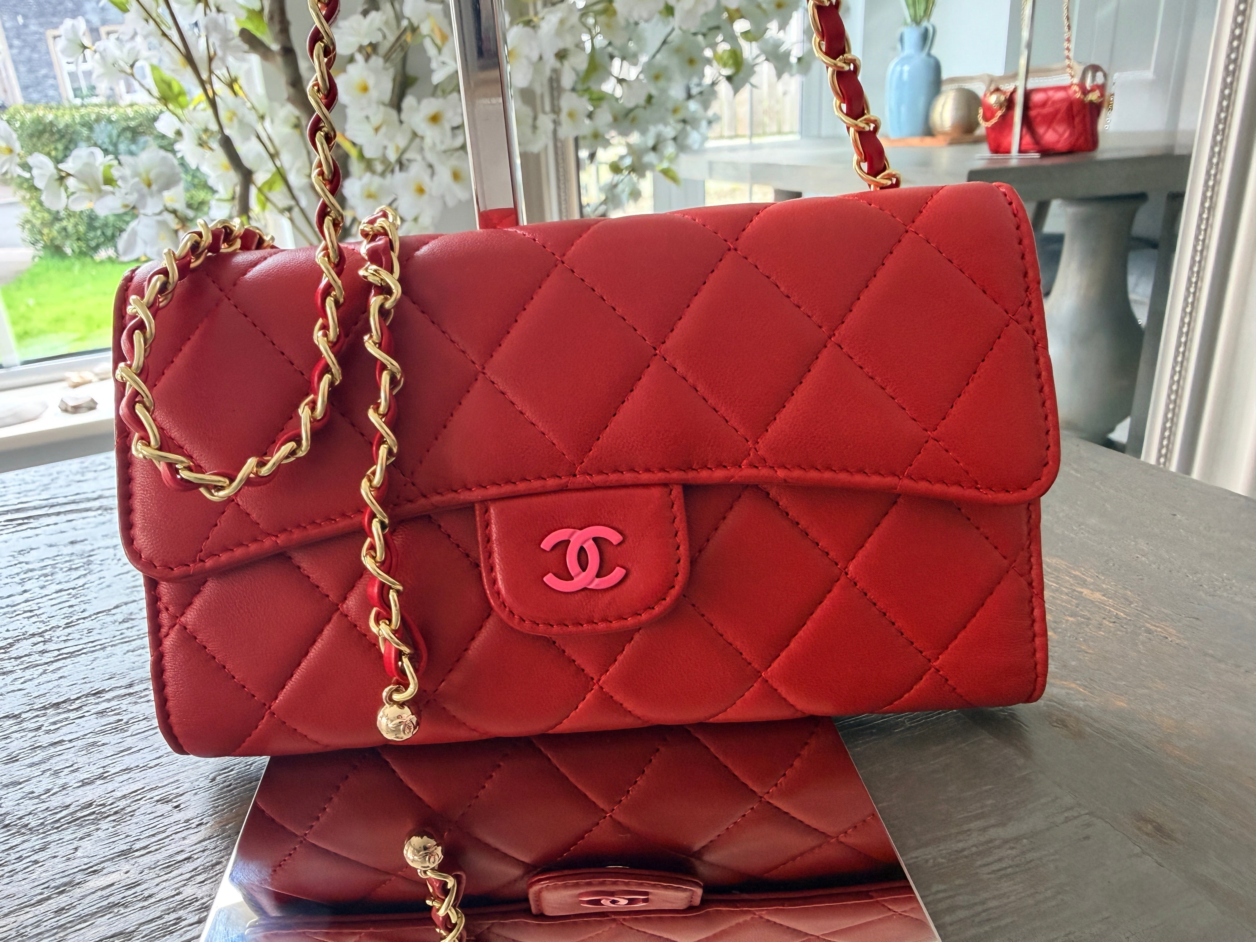 Chanel Long Wallet Trifold Red Lambskin Leather Pink Hardware