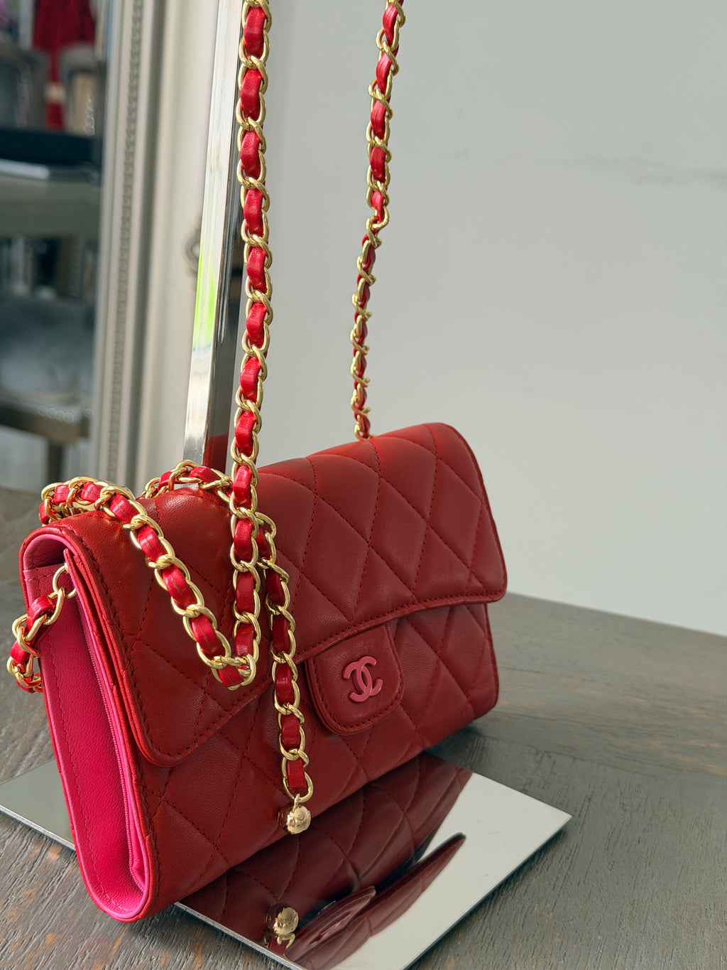 Chanel Long Wallet Trifold Red Lambskin Leather Pink Hardware