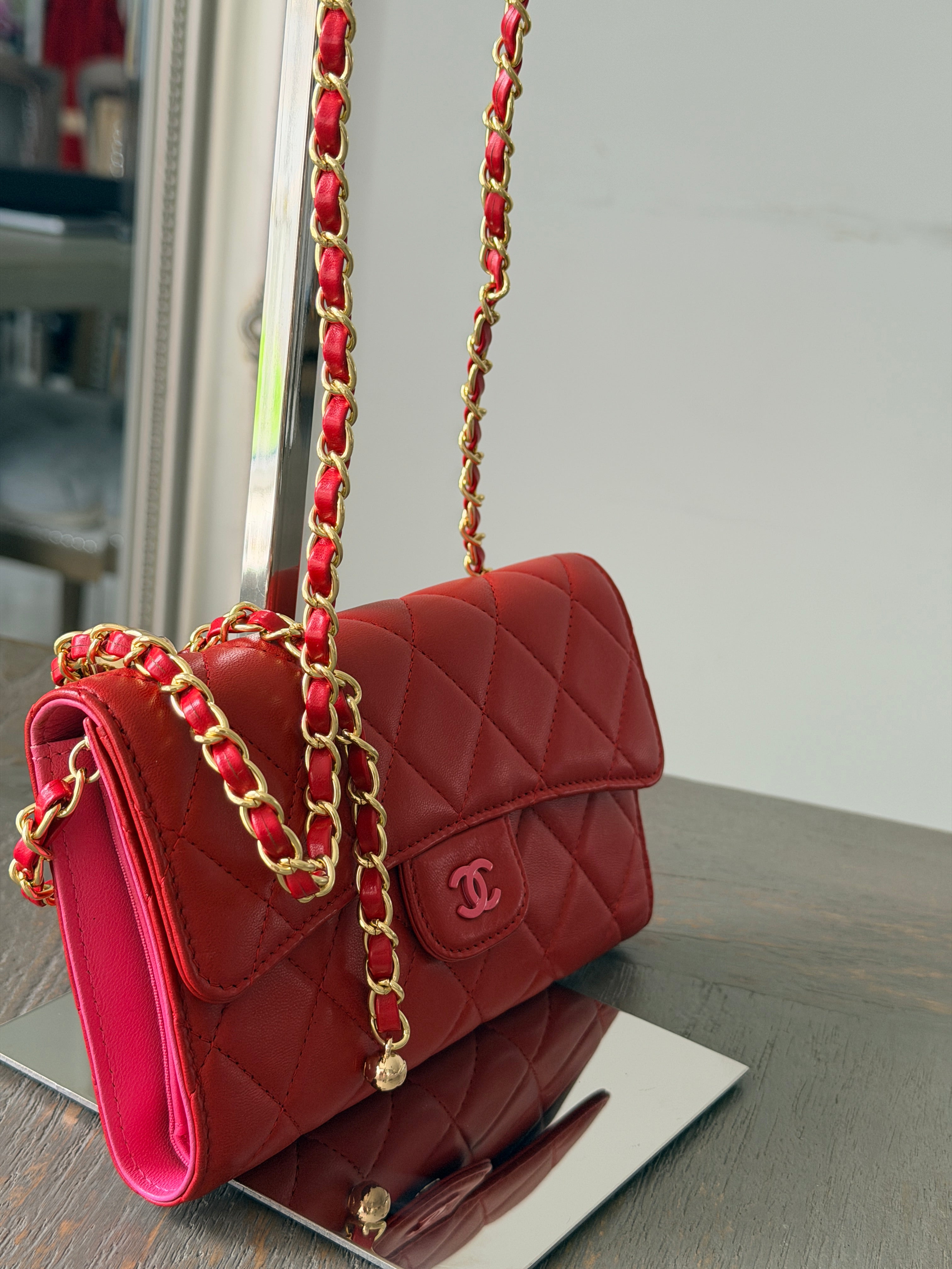 Chanel Long Wallet Trifold Red Lambskin Leather Pink Hardware
