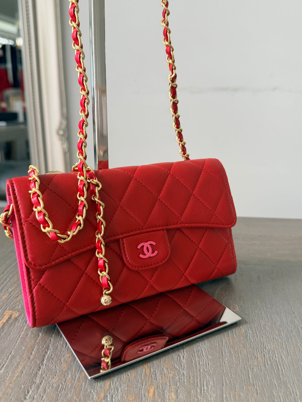 Chanel Long Wallet Trifold Red Lambskin Leather Pink Hardware