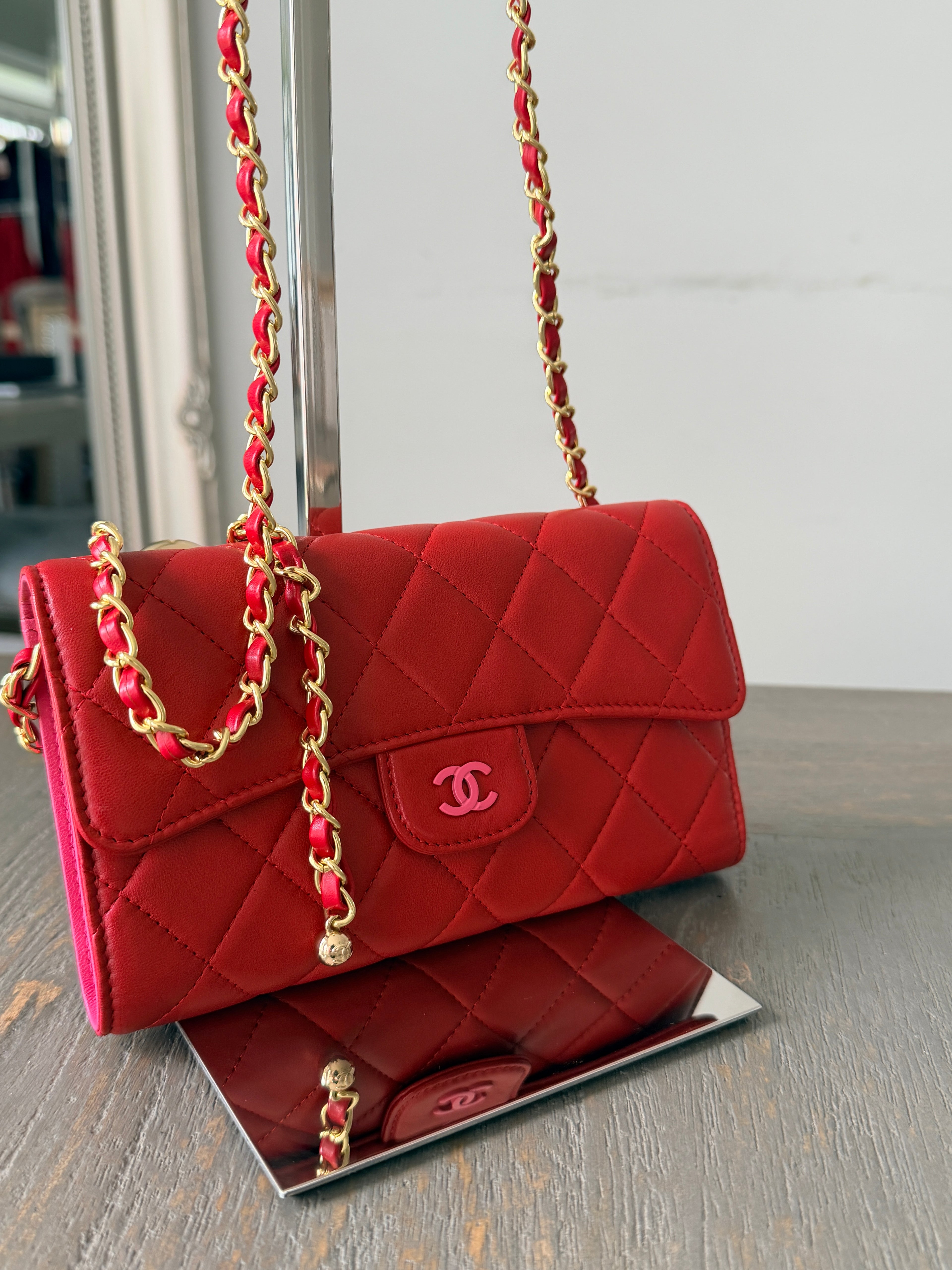 Chanel Long Wallet Trifold Red Lambskin Leather Pink Hardware