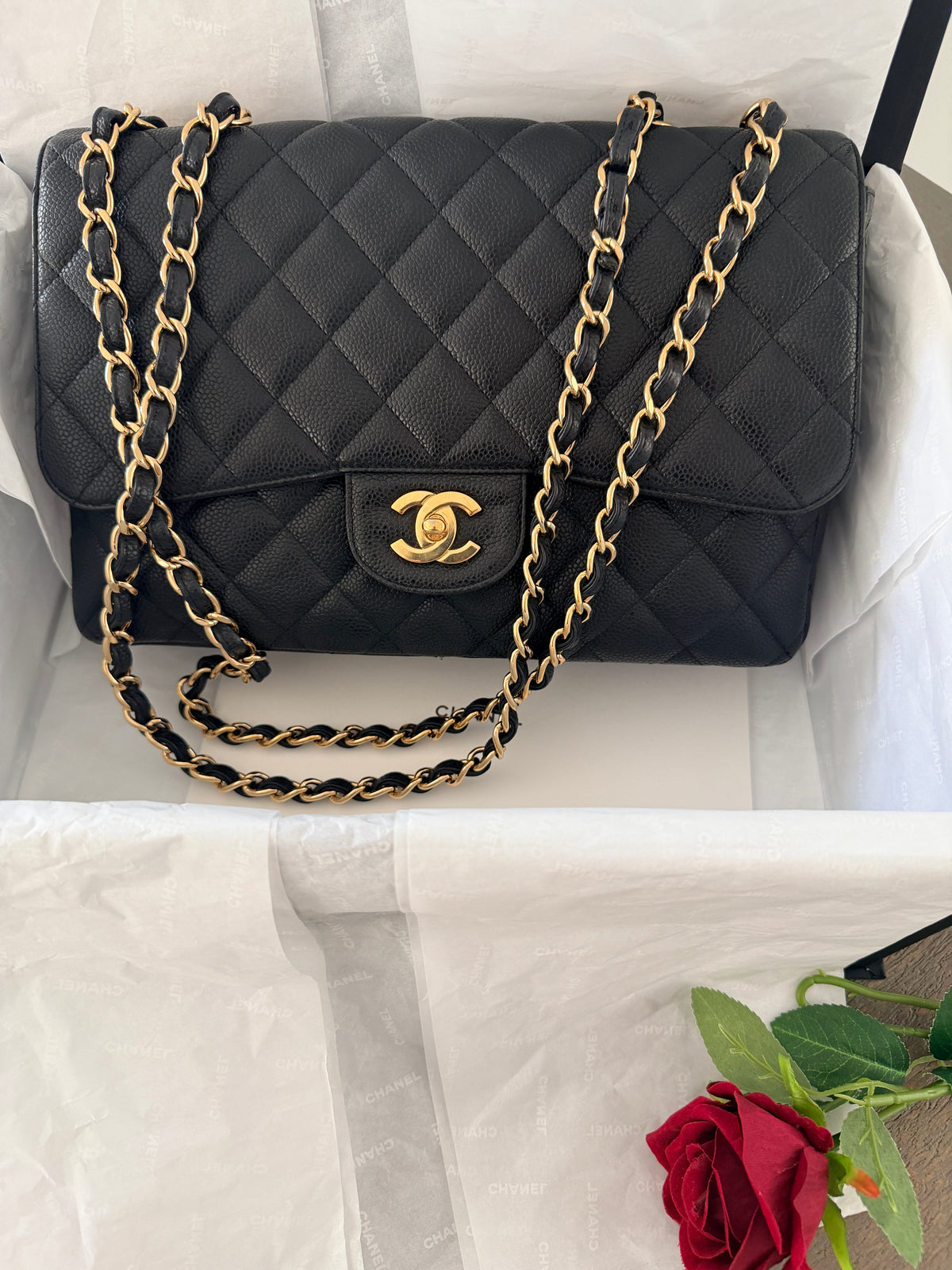 Chanel Jumbo Classic Single Flap Black Caviar Leather Gold Hardware
