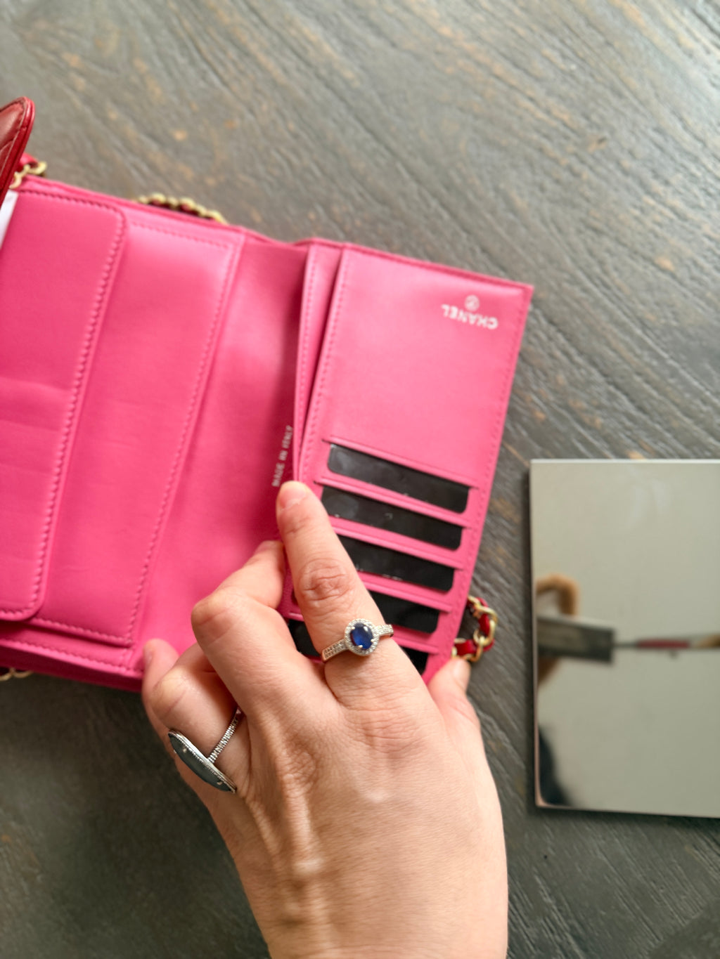 Chanel Long Wallet Trifold Red Lambskin Leather Pink Hardware