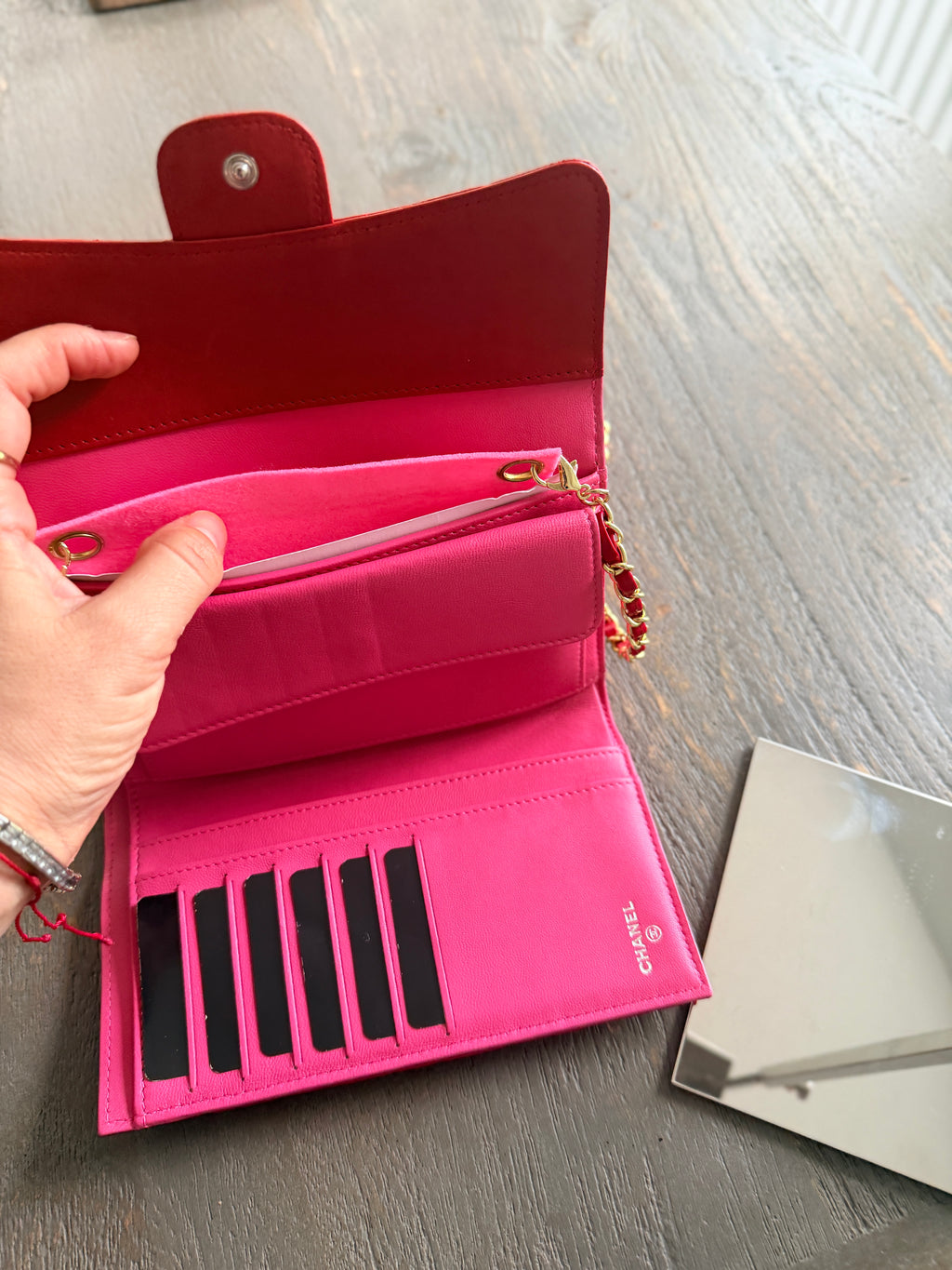 Chanel Long Wallet Trifold Red Lambskin Leather Pink Hardware