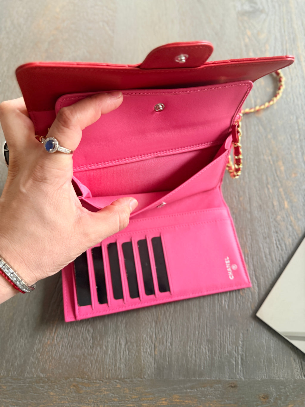 Chanel Long Wallet Trifold Red Lambskin Leather Pink Hardware