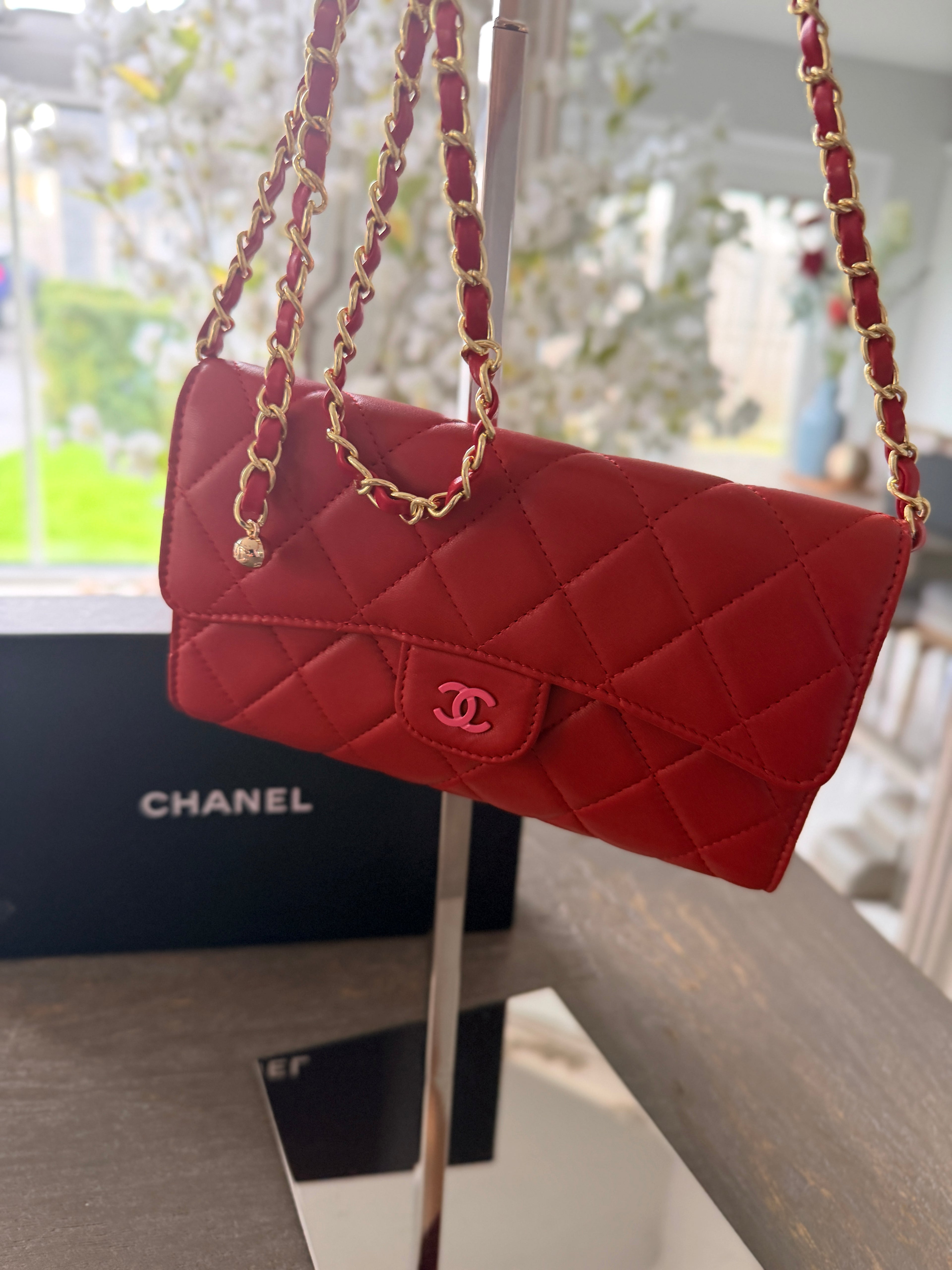 Chanel Long Wallet Trifold Red Lambskin Leather Pink Hardware
