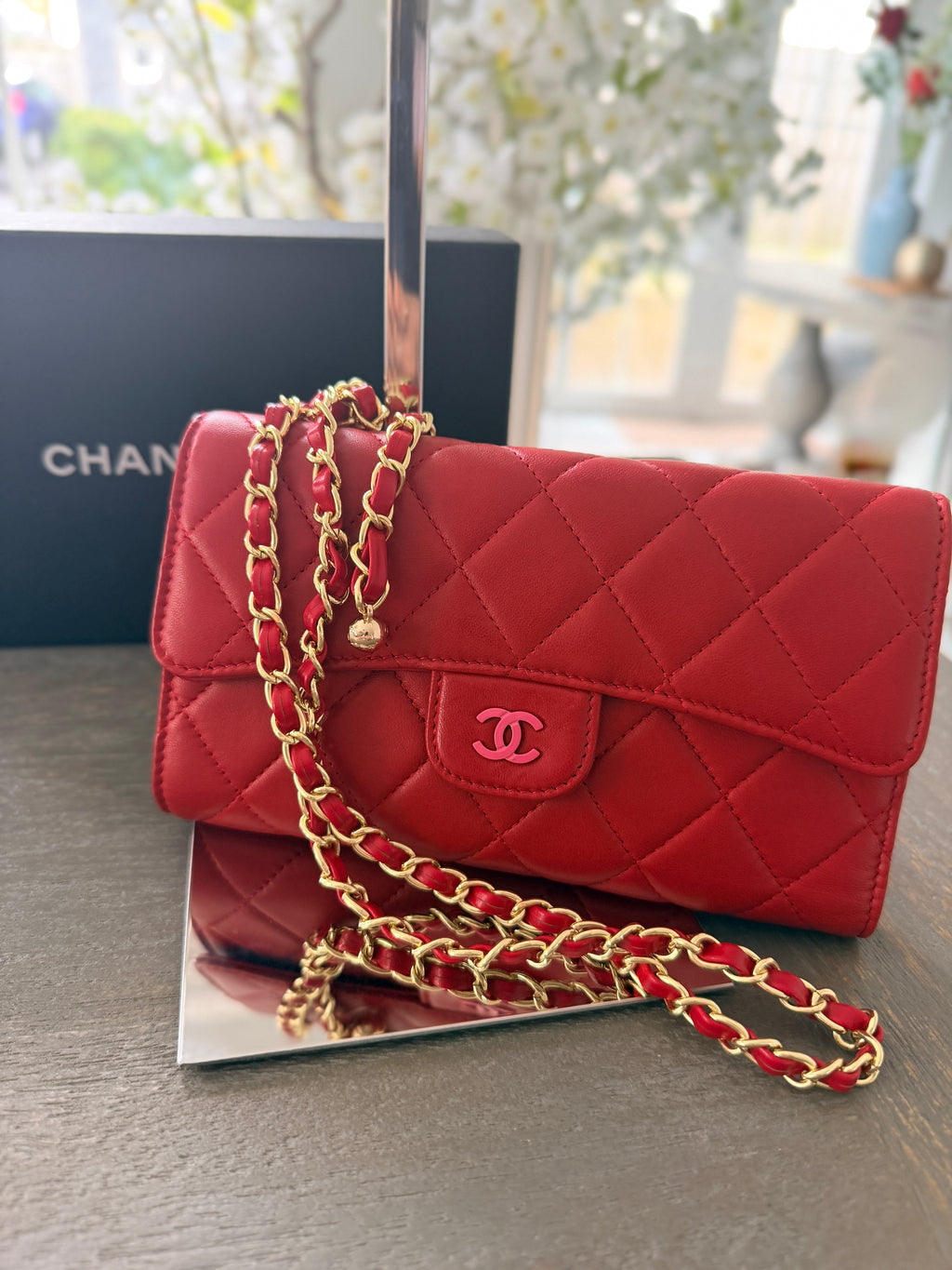 Chanel Long Wallet Trifold Red Lambskin Leather Pink Hardware