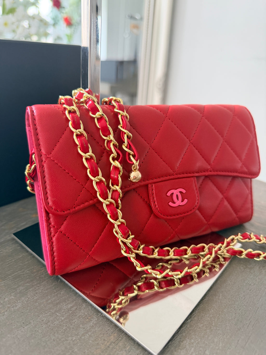 Chanel Long Wallet Trifold Red Lambskin Leather Pink Hardware