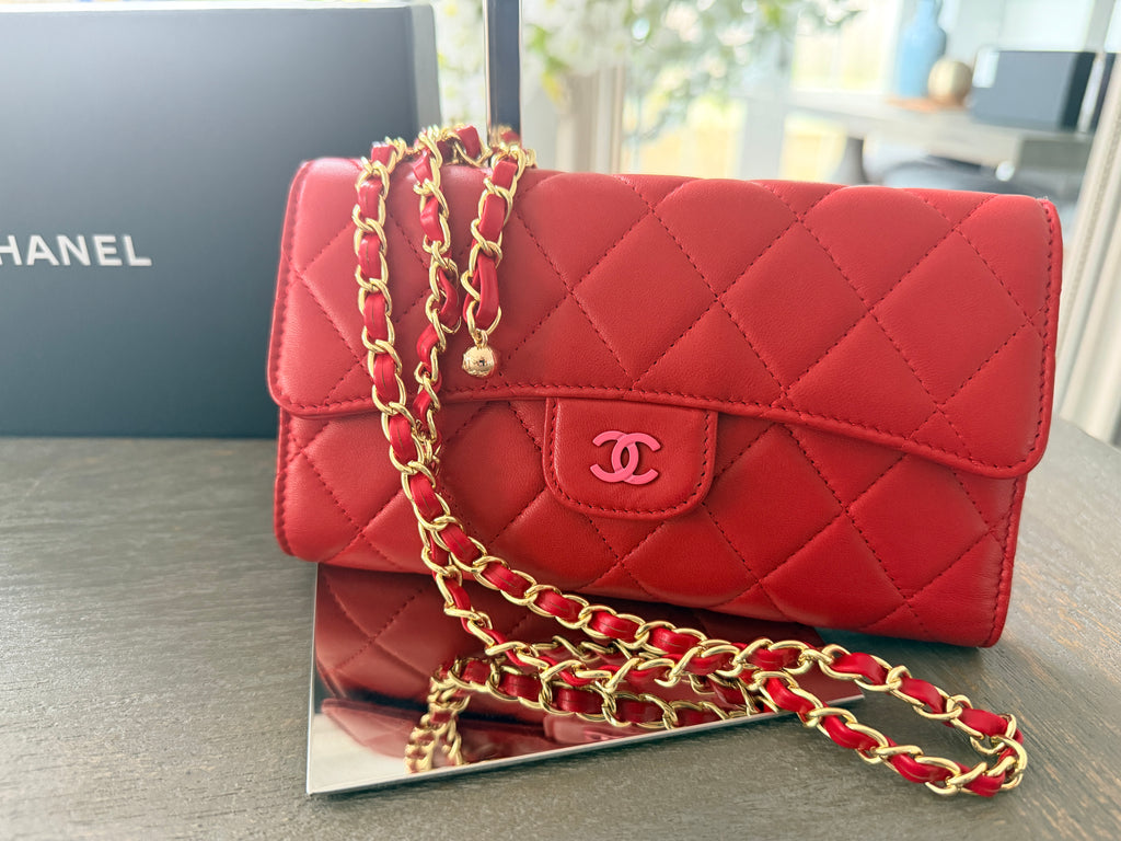 Chanel Long Wallet Trifold Red Lambskin Leather Pink Hardware