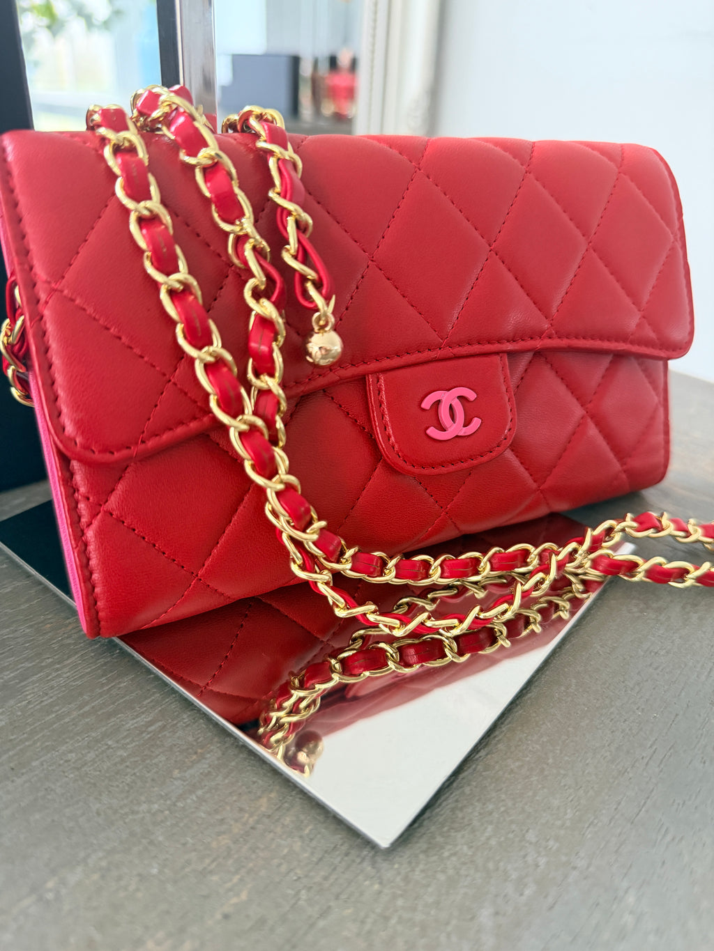 Chanel Long Wallet Trifold Red Lambskin Leather Pink Hardware